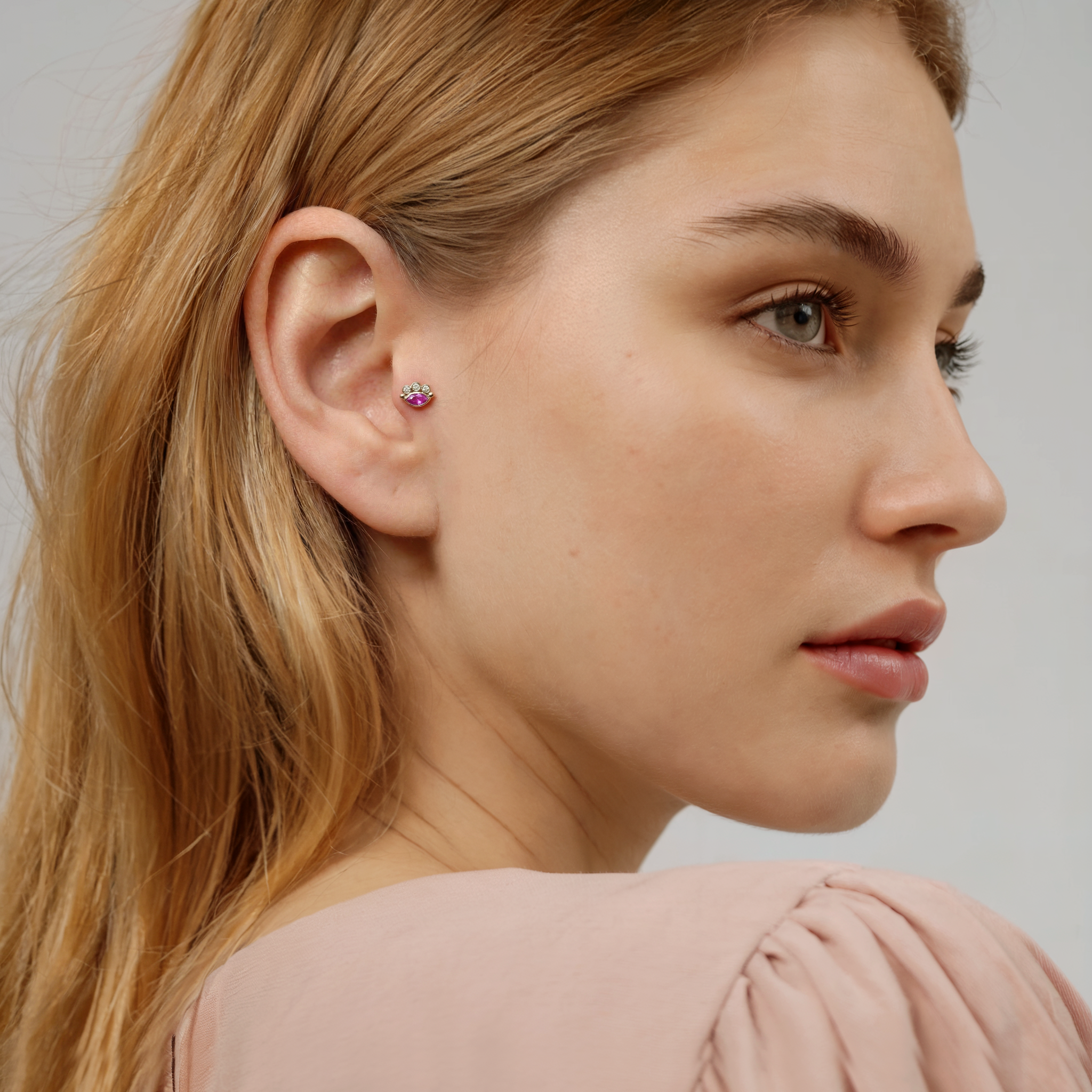 Evil Eye Purple Flatback Ear Piercing 14K Gold with CZ Stone