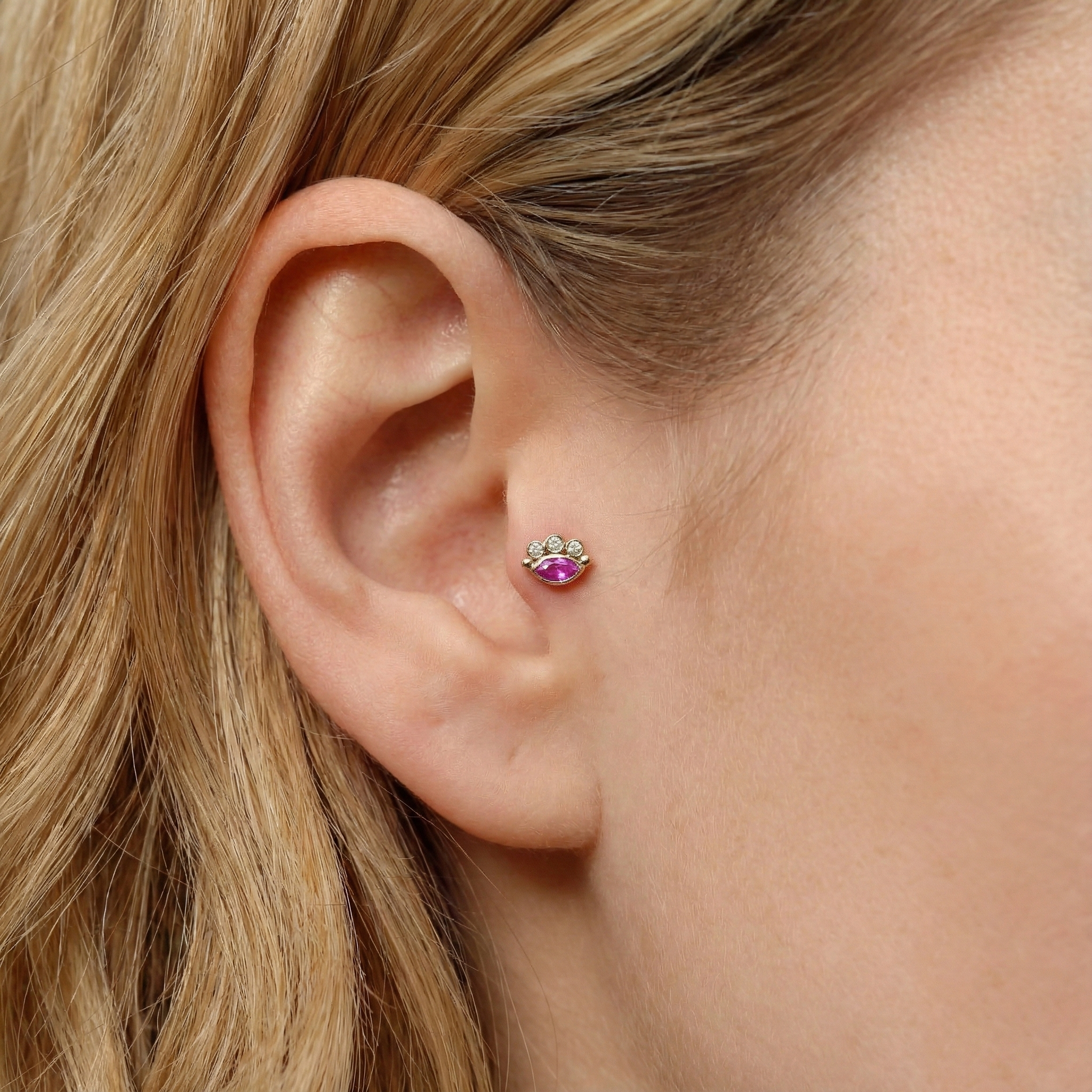 Evil Eye Purple Flatback Ear Piercing 14K Gold with CZ Stone
