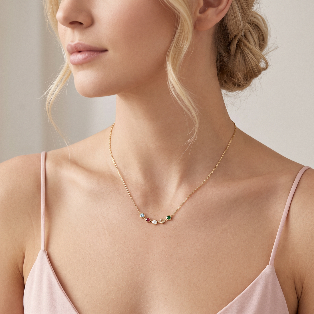 Family Round Birthstone Five Stone Custom Necklace 14K Gold