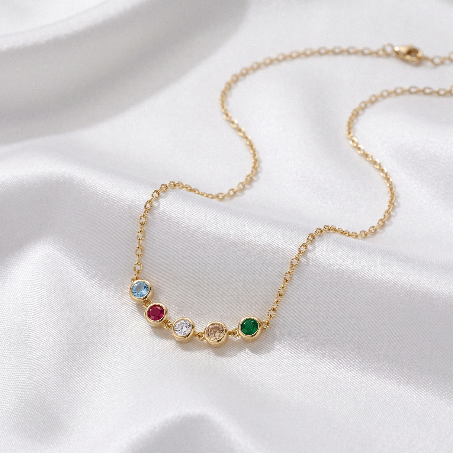 Family Round Birthstone Five Stone Custom Necklace 14K Gold