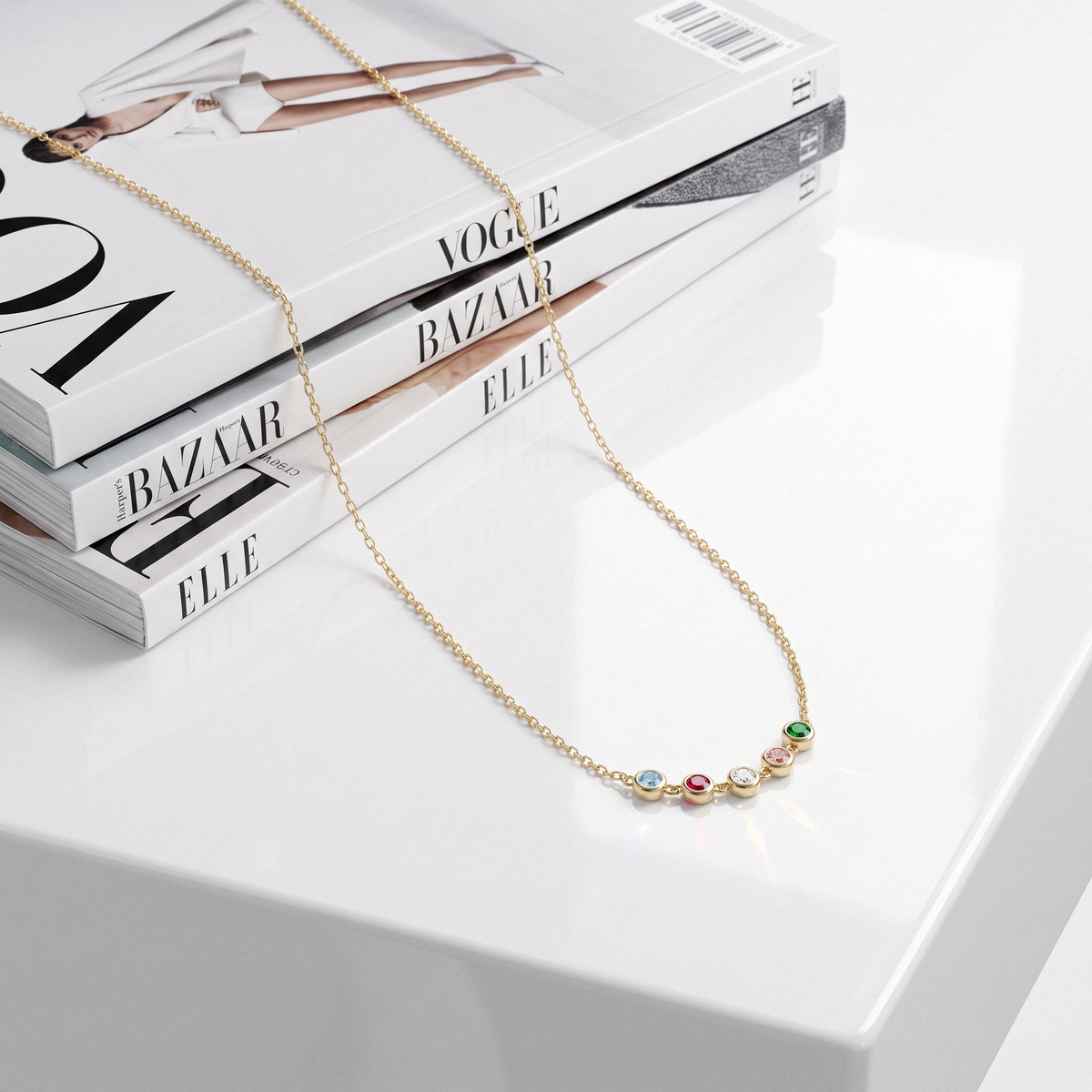 Family Round Birthstone Five Stone Custom Necklace 14K Gold