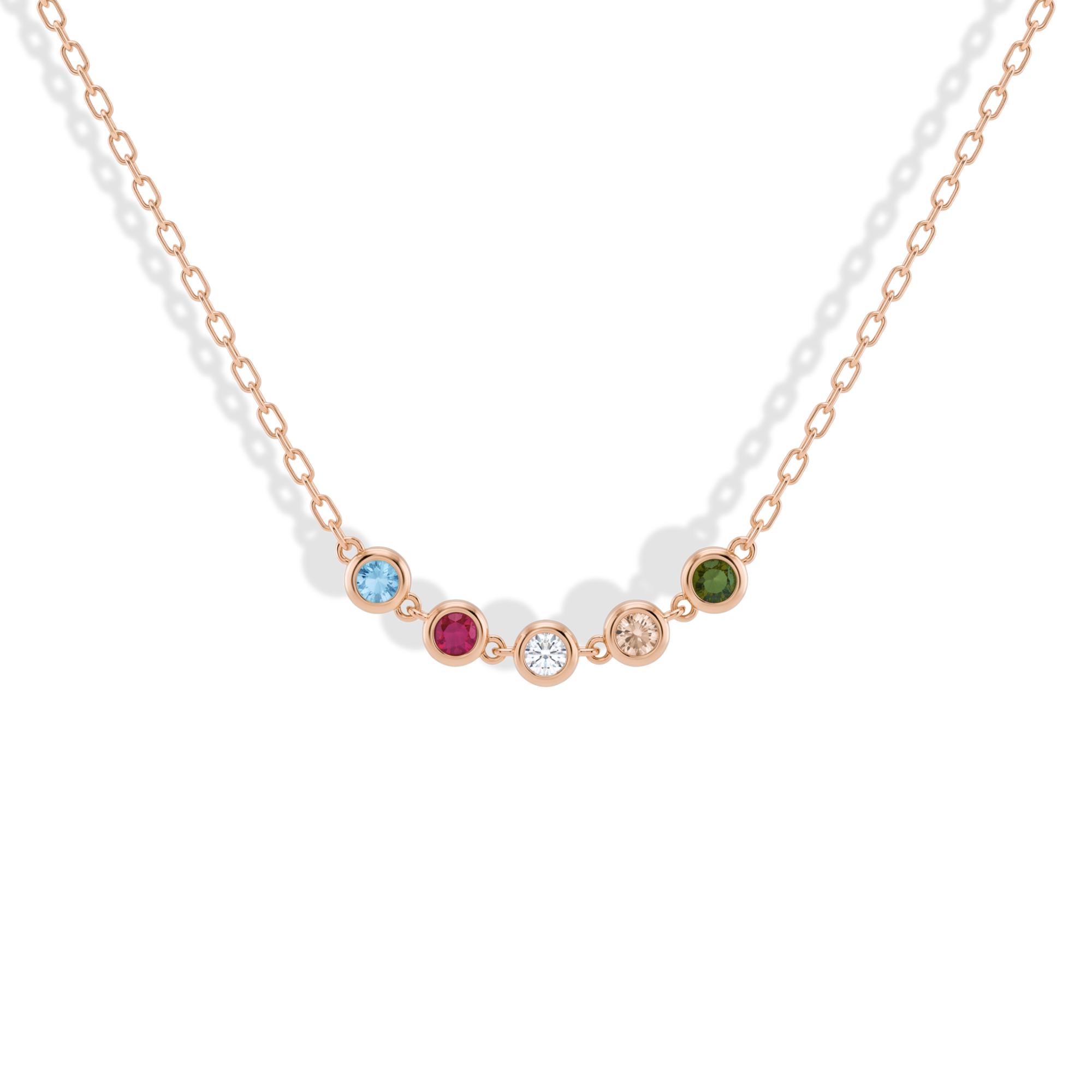 Family Round Birthstone Five Stone Custom Necklace 14K Gold