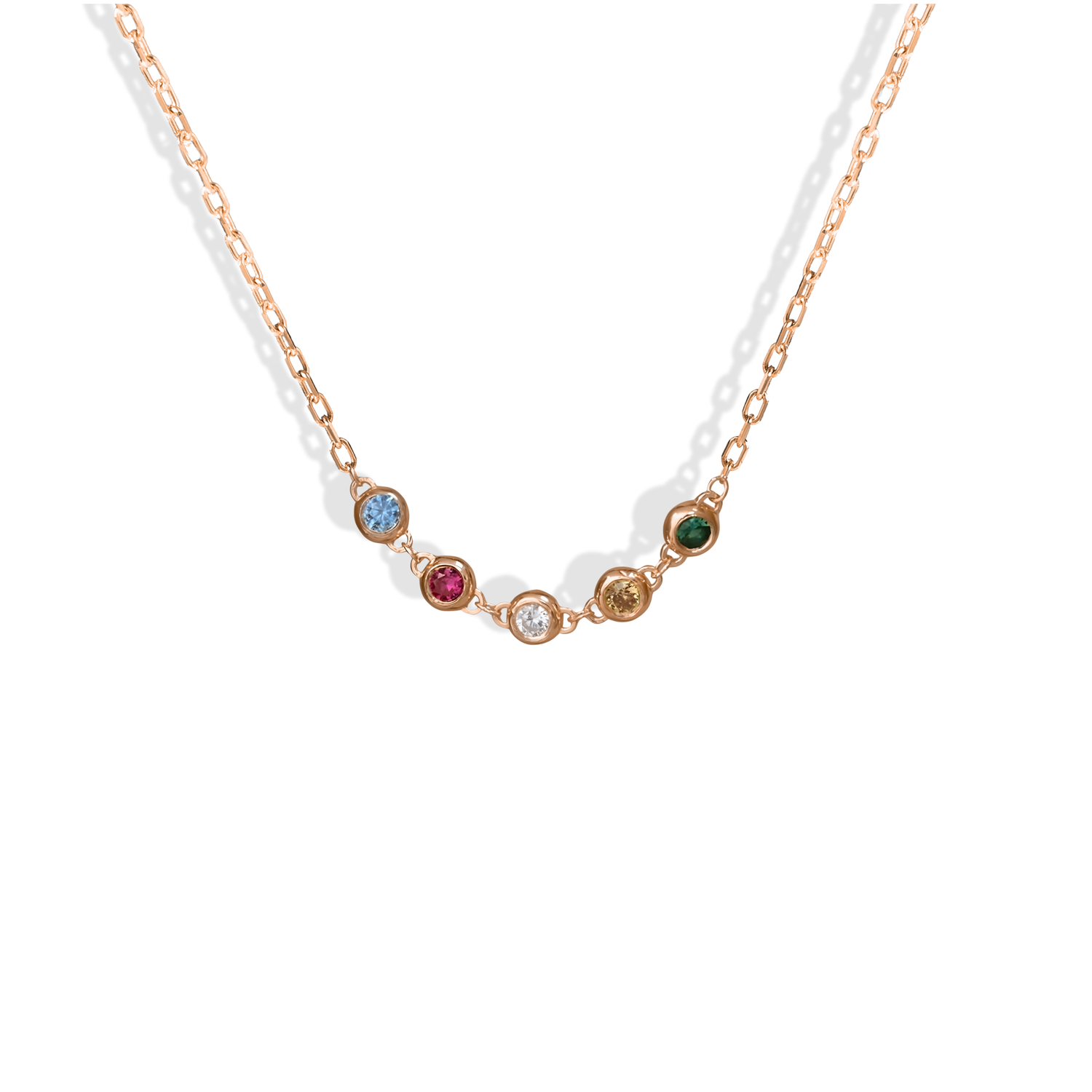 Family Round Birthstone Five Stone Custom Necklace 14K Gold