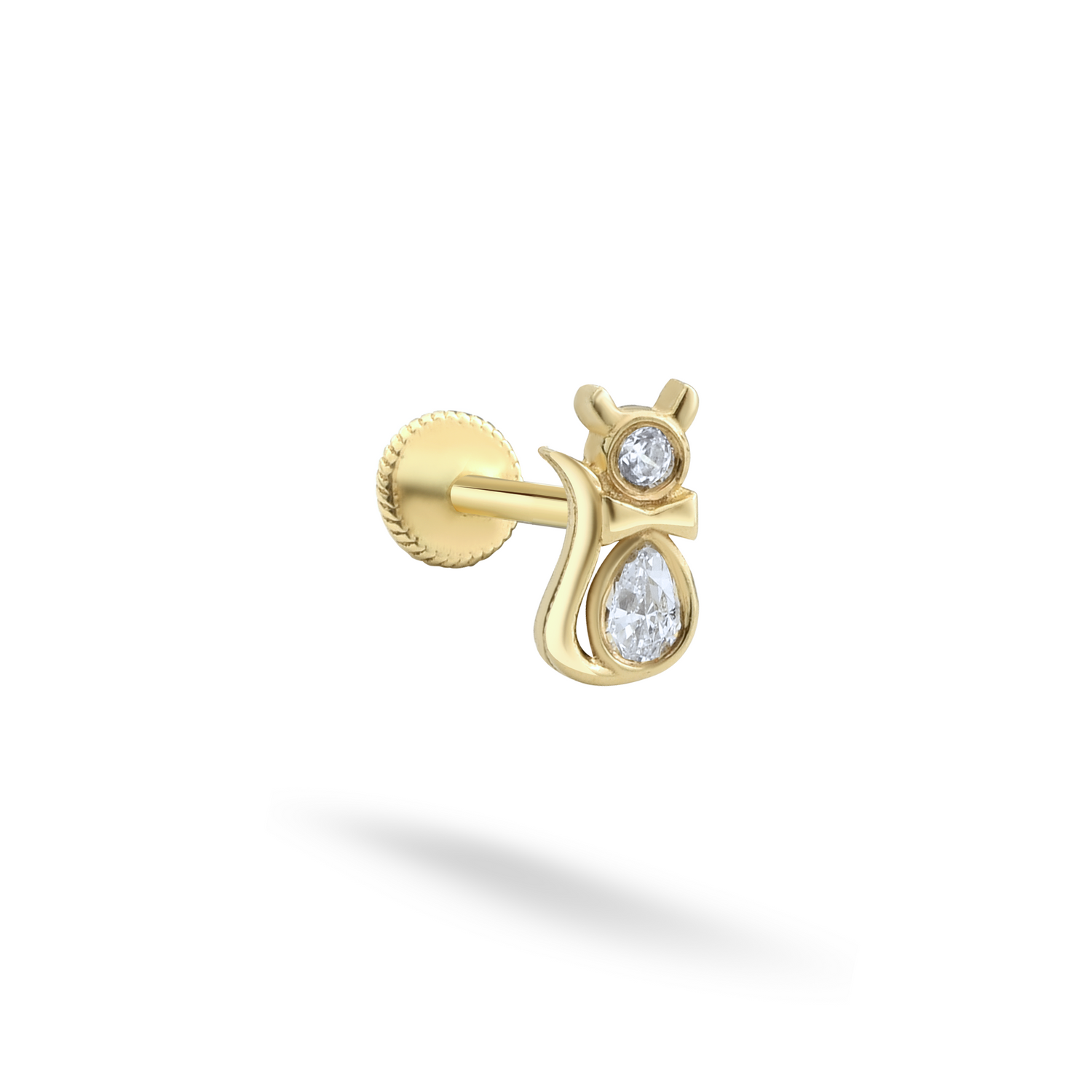 Feline Flatback Ear Piercing 14K Gold with CZ Stone