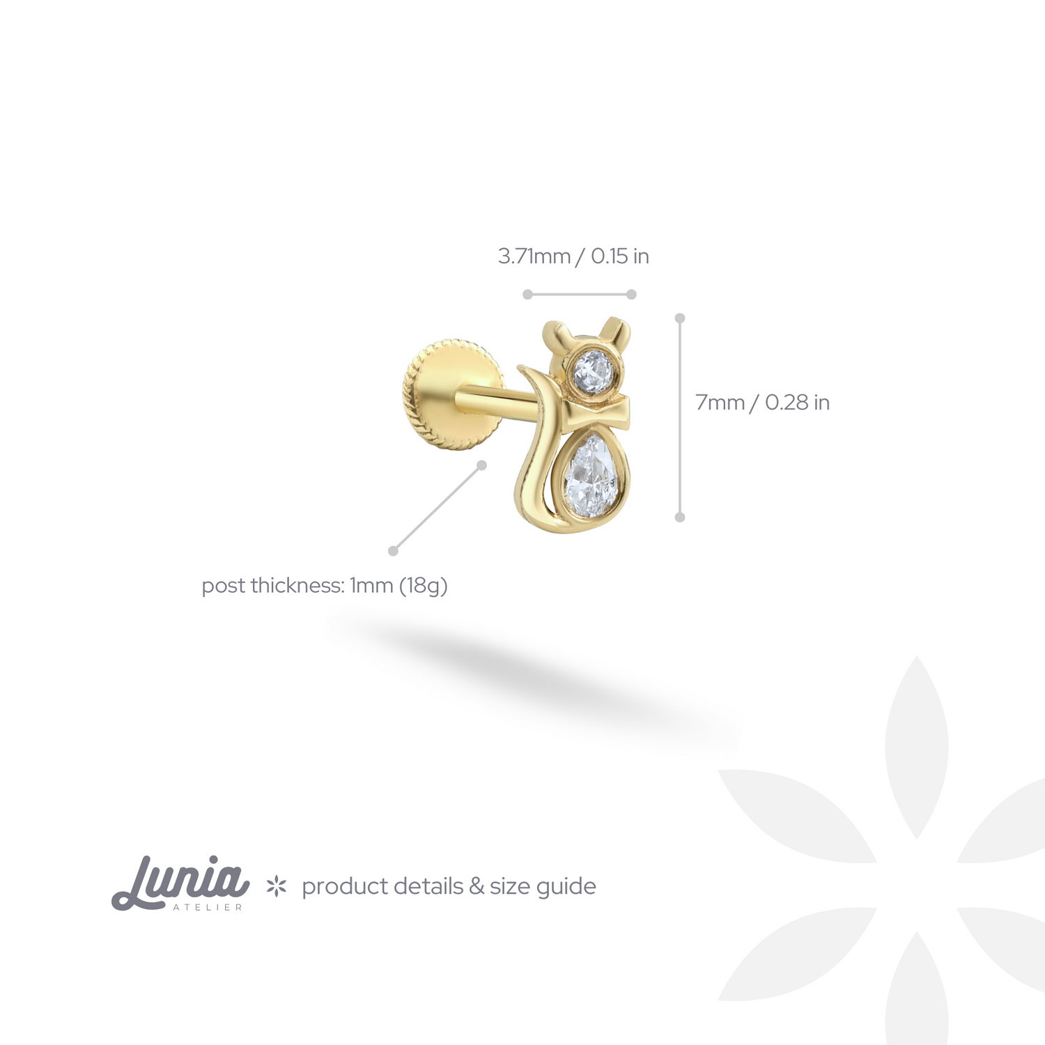 Feline Flatback Ear Piercing 14K Gold with CZ Stone