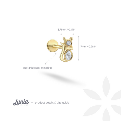 Feline Flatback Ear Piercing 14K Gold with CZ Stone