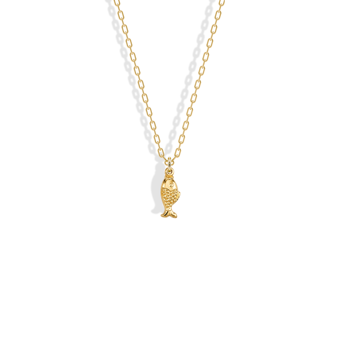 Fish Pendant Necklace 14K Gold, scale texture running along the yellow gold body