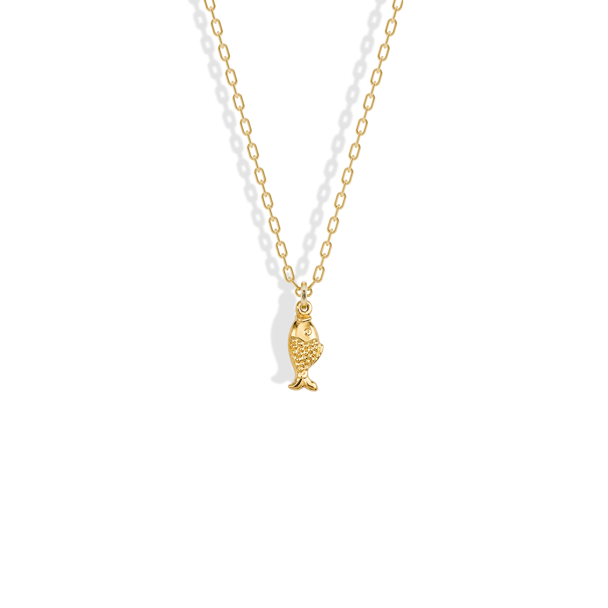 Fish Pendant Necklace 14K Gold, scale texture running along the yellow gold body