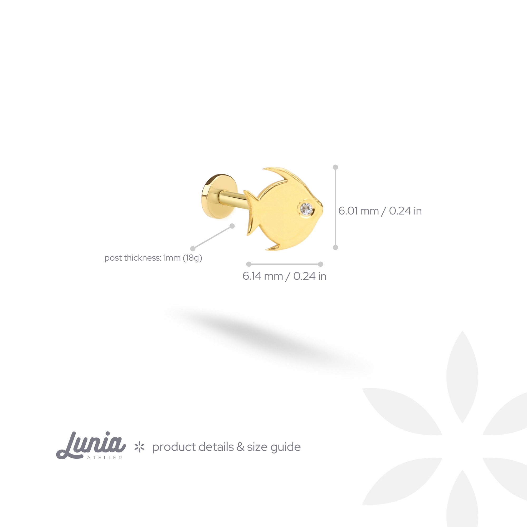 Fish Flatback Ear Piercing 14K Gold with CZ Stone