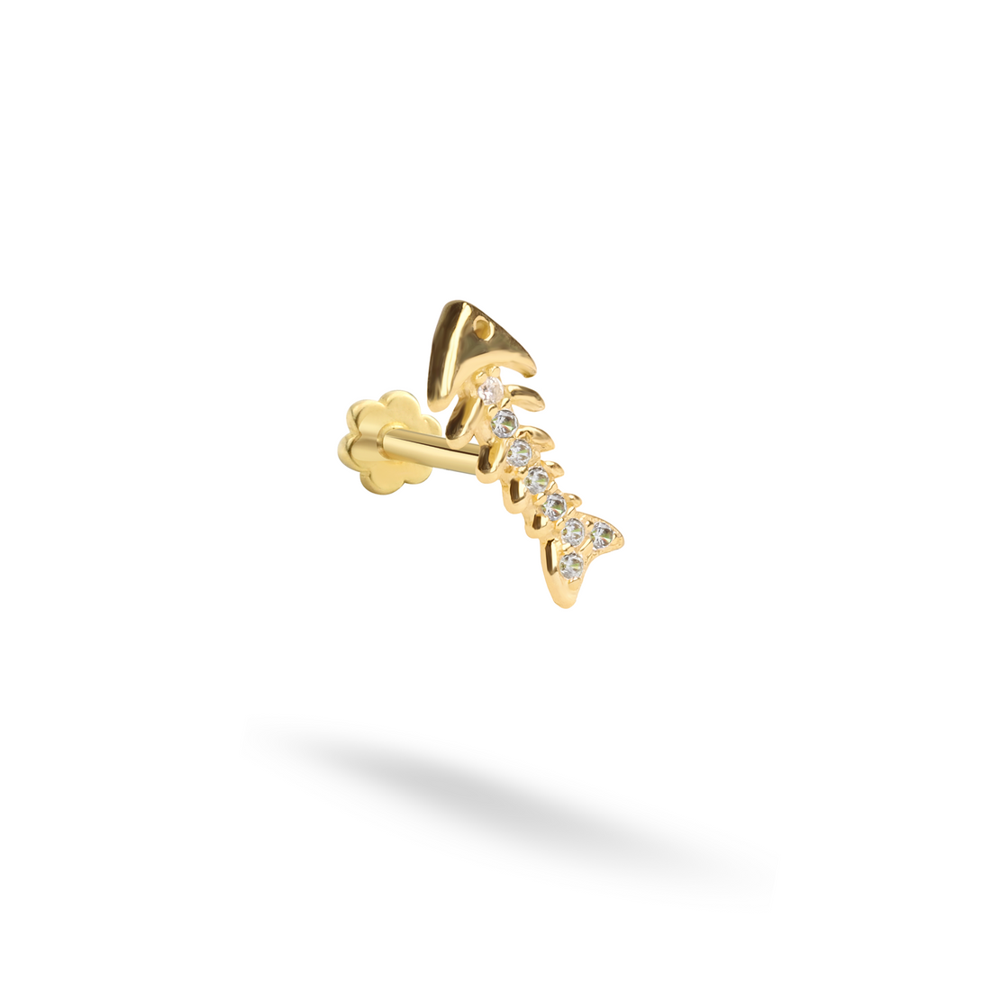 Fishbone Flatback Ear Piercing 14K Gold with CZ Stone