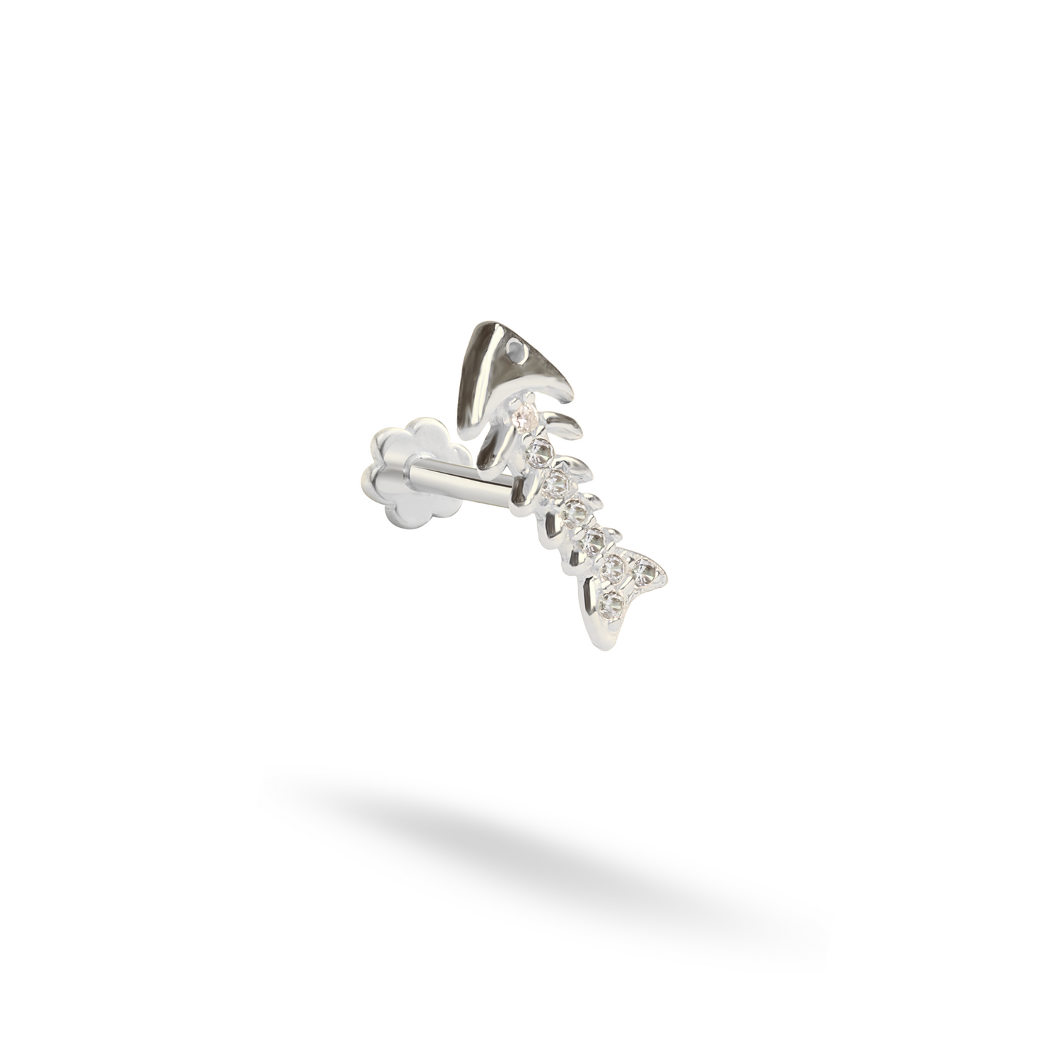 Fishbone Flatback Ear Piercing 14K Gold with CZ Stone