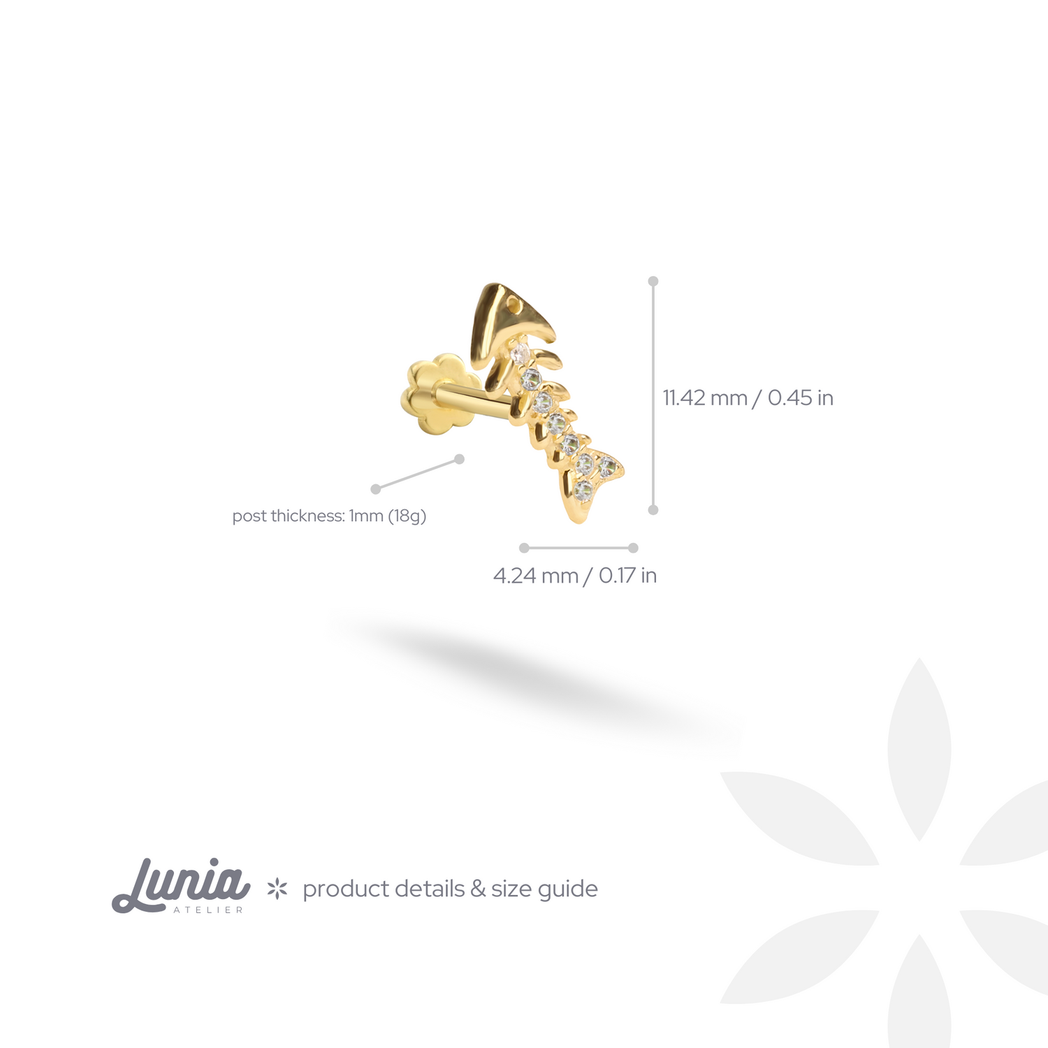 Fishbone Flatback Ear Piercing 14K Gold with CZ Stone