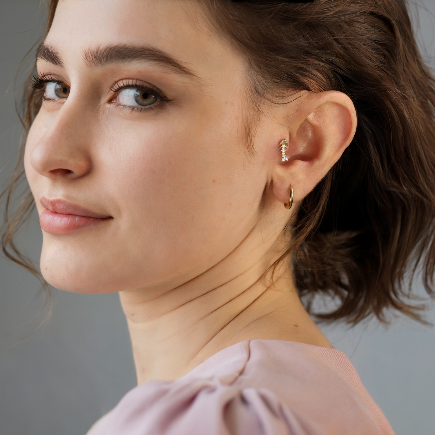 Fishbone Flatback Ear Piercing 14K Gold with CZ Stone