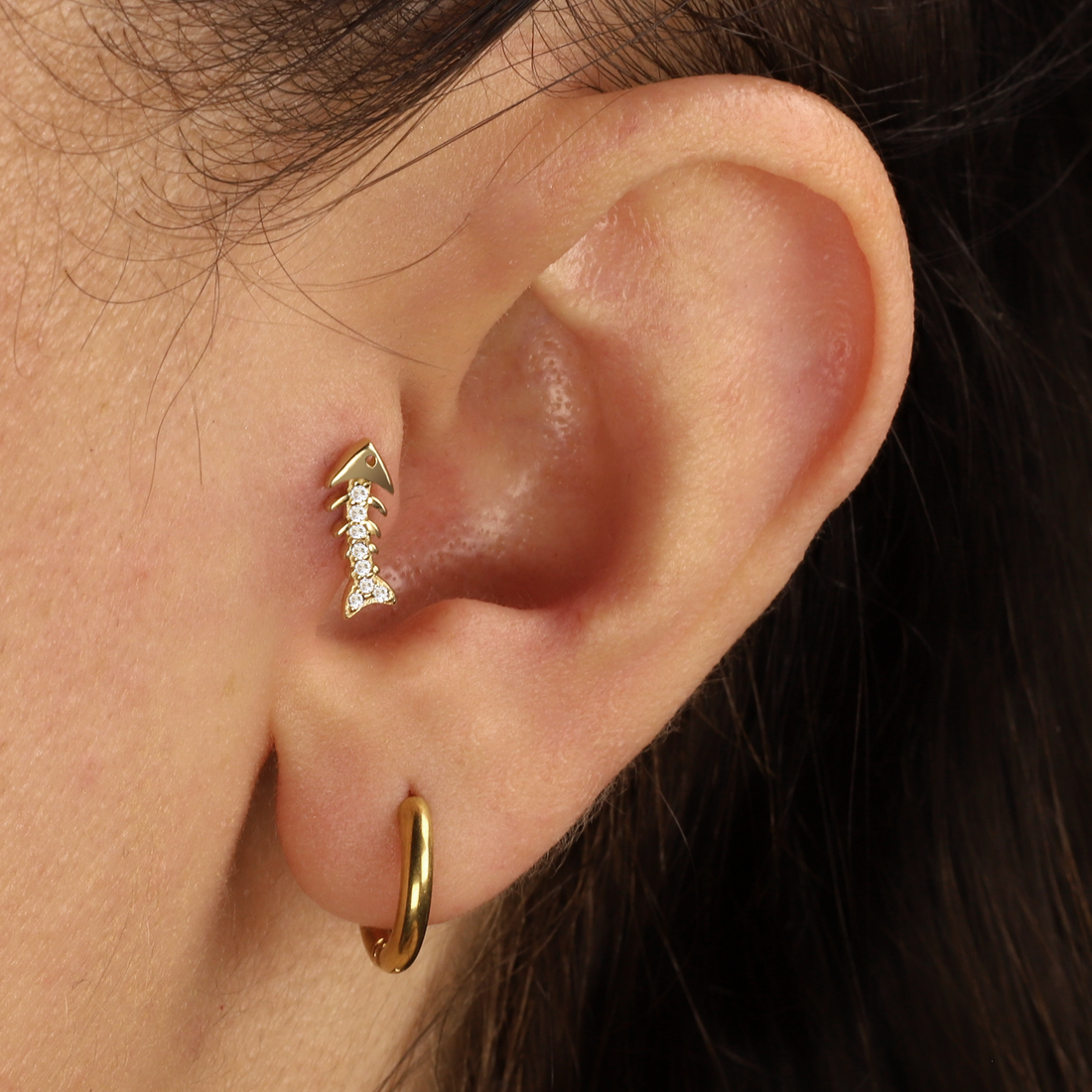 14K Gold Fishbone Skeleton Flatback Piercing with CZ Stone