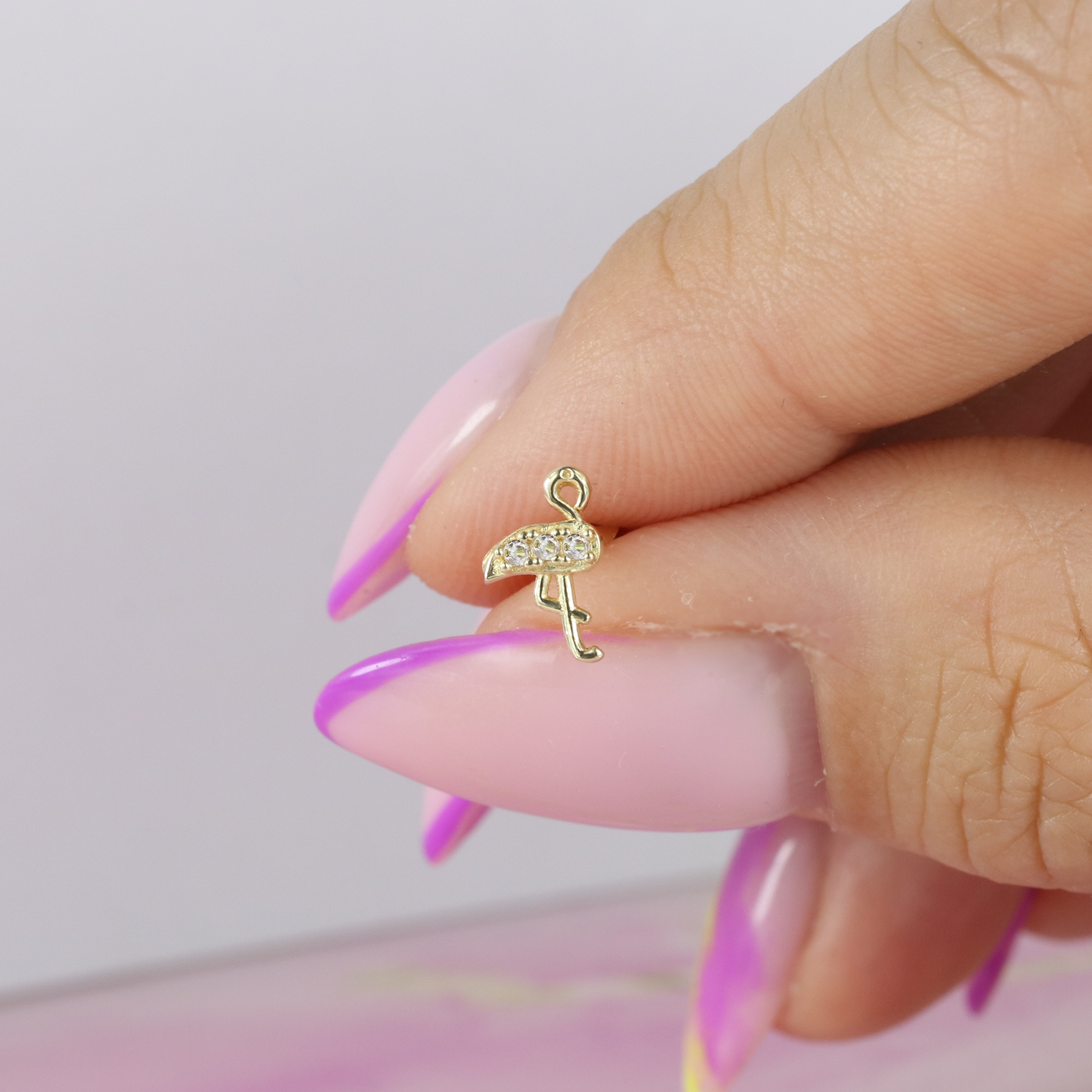 Flamingo Flatback Ear Piercing 14K Gold with CZ Stone
