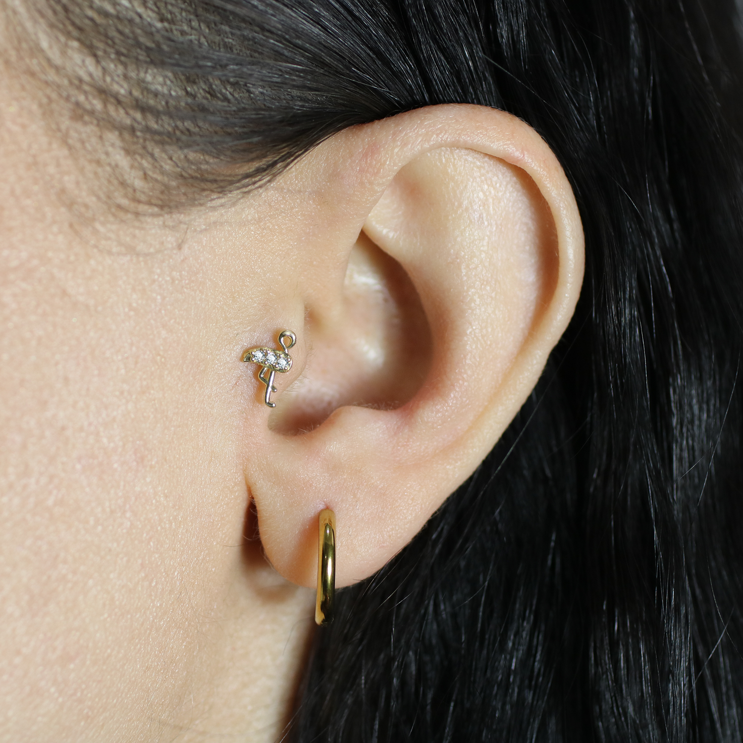 Swan Flatback Ear Piercing 14K Gold with CZ Stone