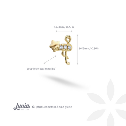 Flamingo Flatback Ear Piercing 14K Gold with CZ Stone
