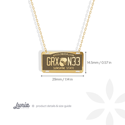 Florida Car License Plate Custom Necklace 14K Gold / Silver