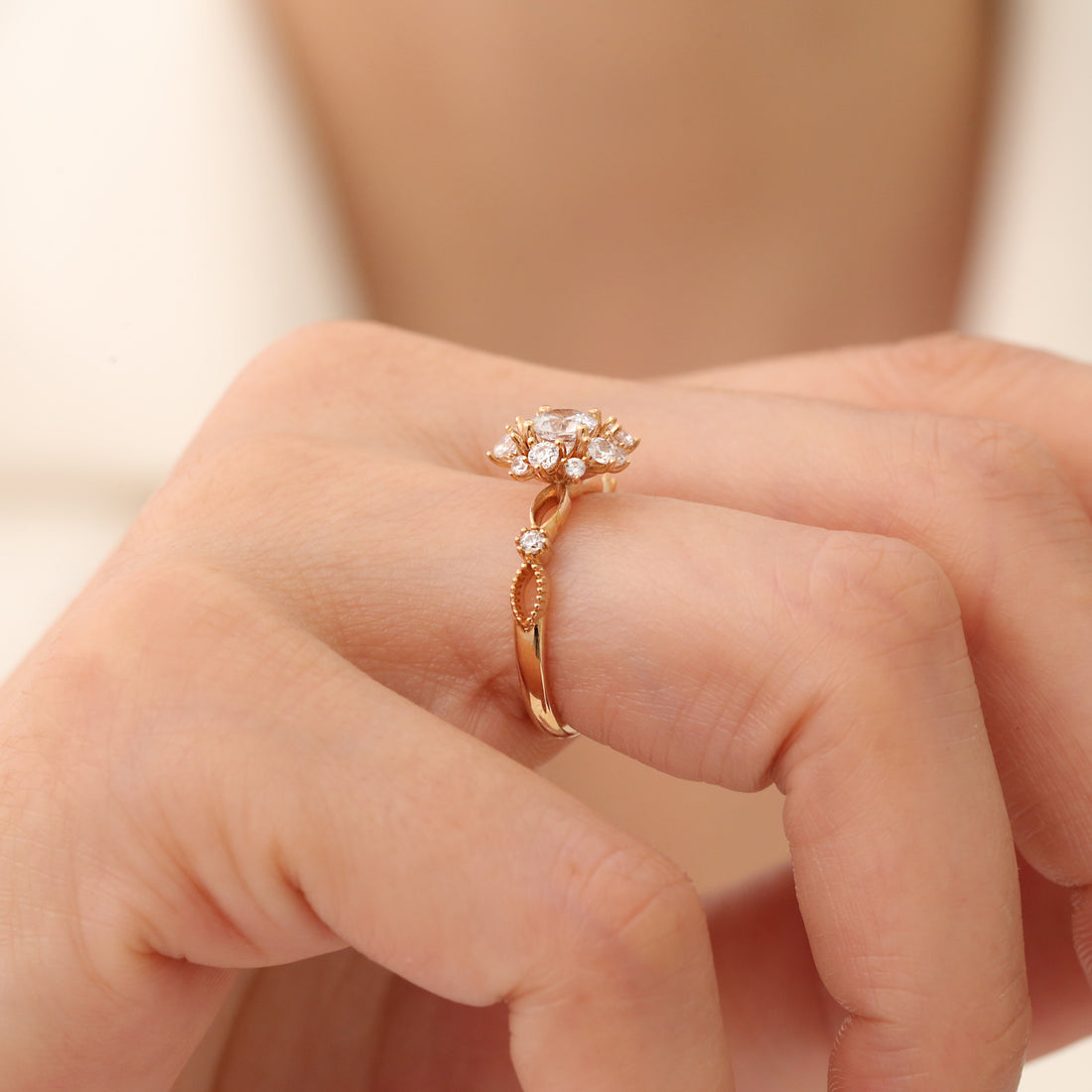 14K Gold CZ Stone Ring with Floral Design






