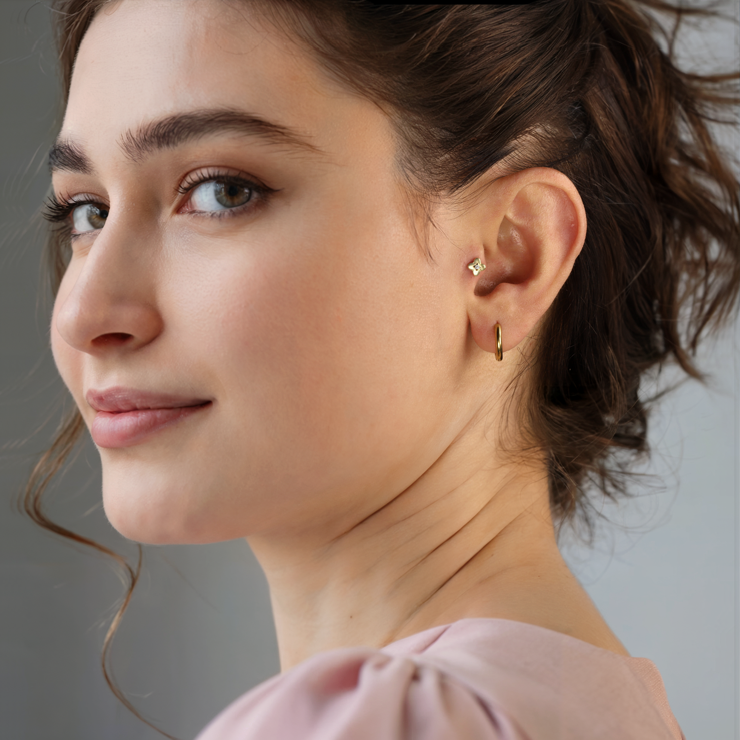 Flower Flatback Ear Piercing 14K Gold with CZ Stone