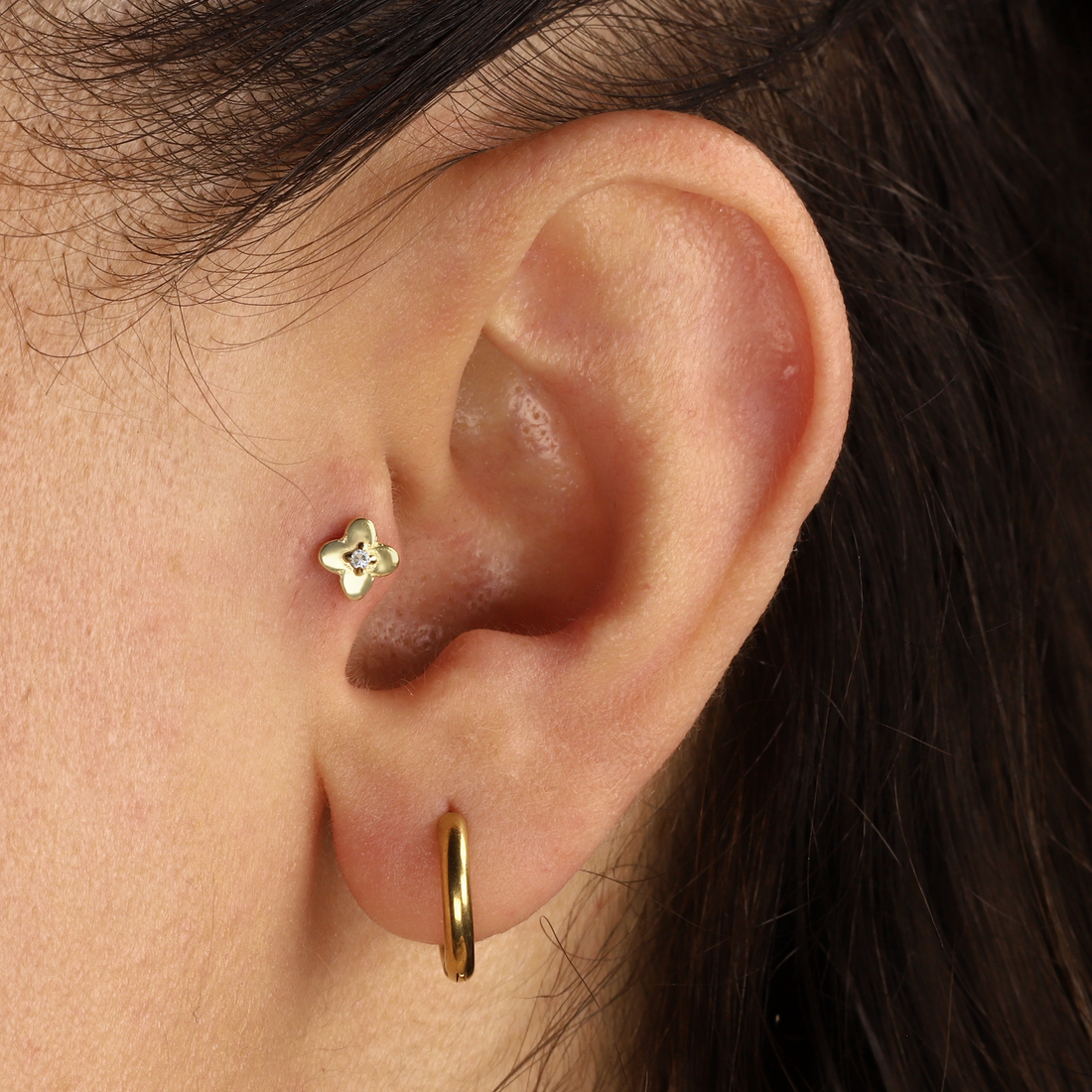 Flower Flatback Ear Piercing 14K Gold with CZ Stone