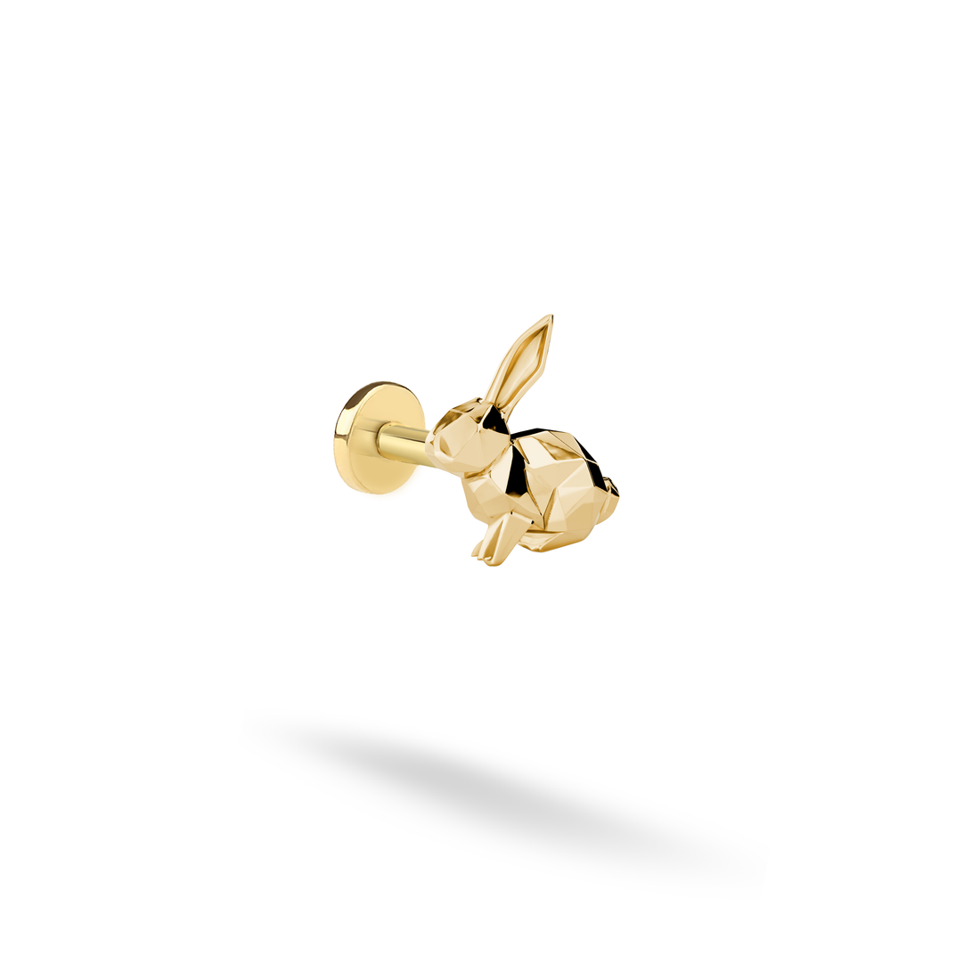 Geometric Rabbit Flatback Ear Piercing in bright 14K yellow gold, with faceted body and tall ears against white.
