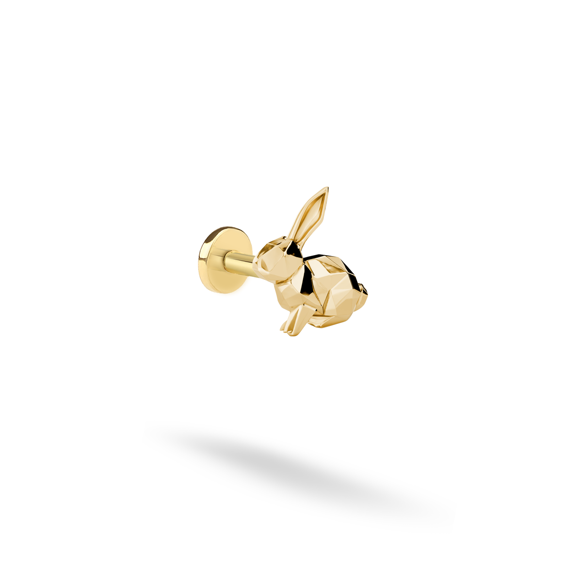 Geometric Rabbit Flatback Ear Piercing in bright 14K yellow gold, with faceted body and tall ears against white.