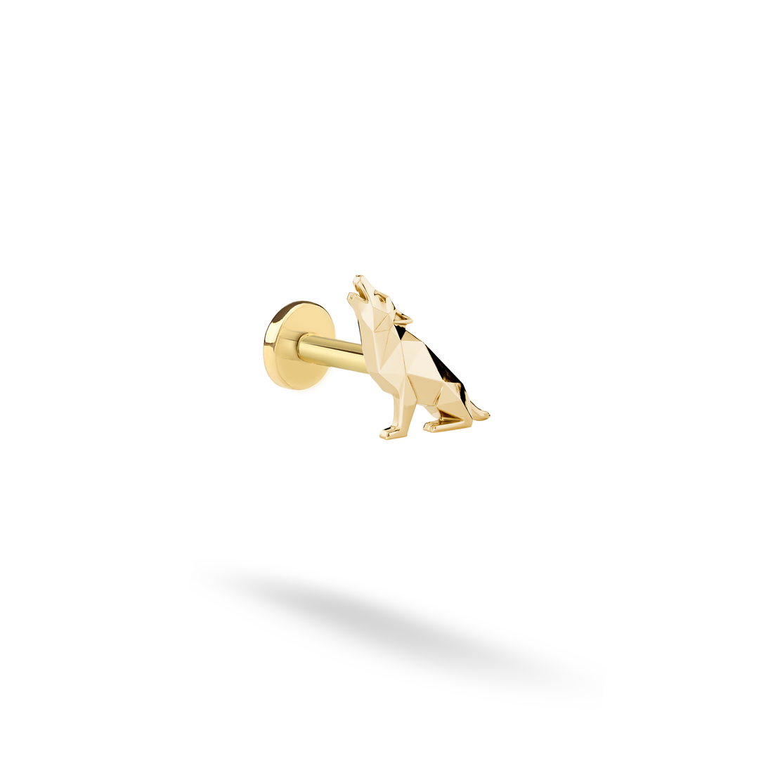 Geometric Howling Wolf Flatback Ear Piercing in 14K gold or silver. A bold, hand crafted wolf piercing with modern lines and lasting comfort.