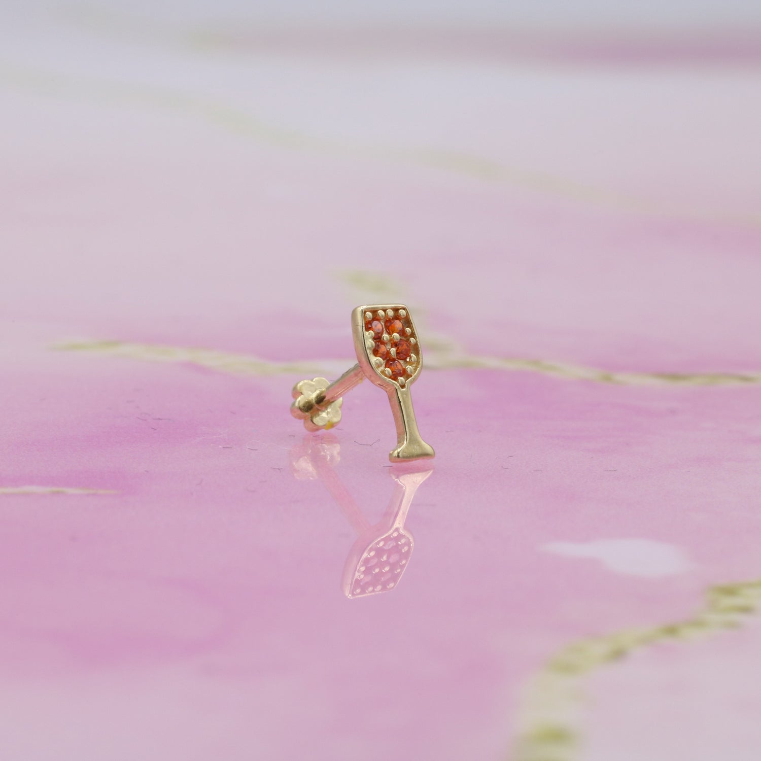 Glass Flatback Ear Piercing 14K Gold with CZ Stone