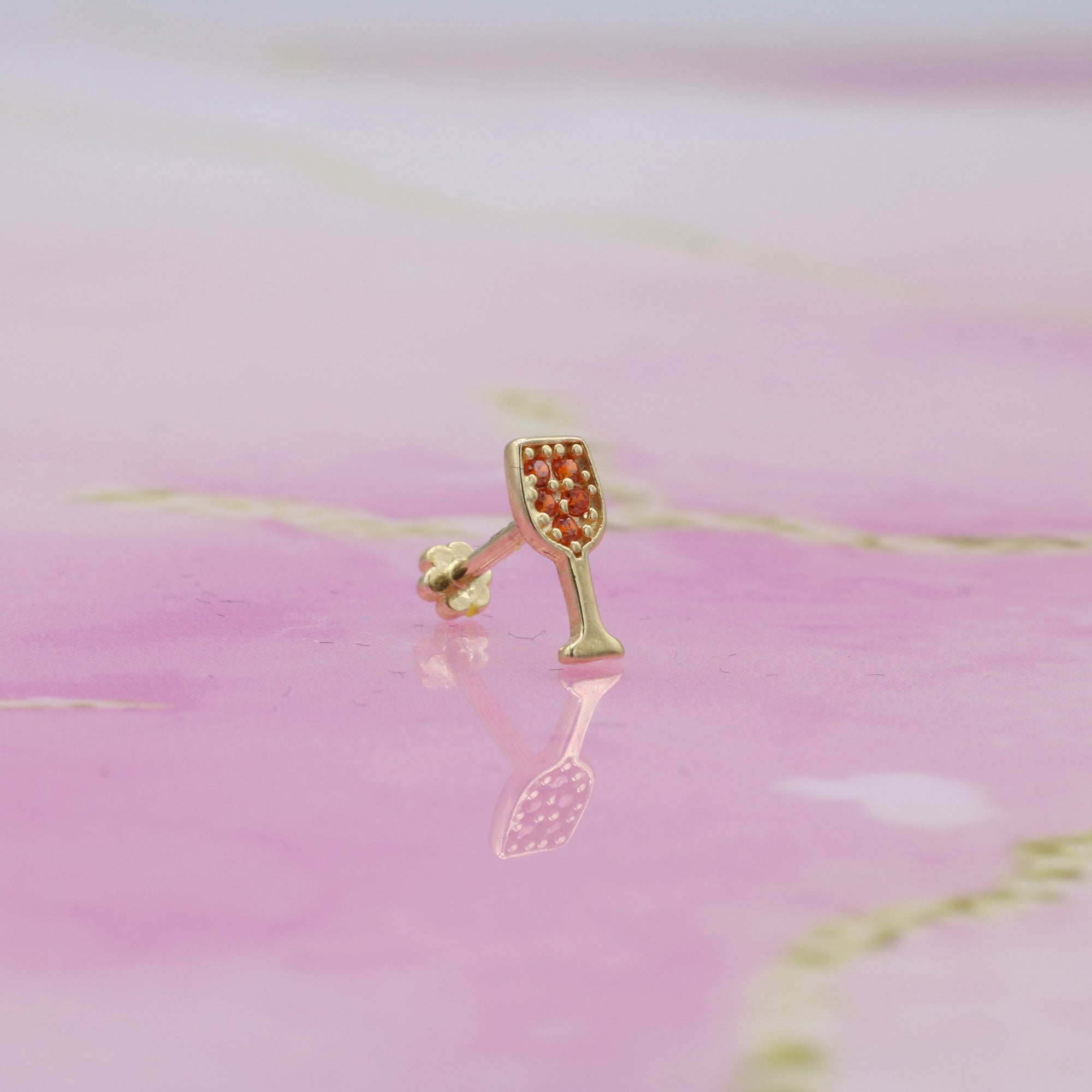 Glass Flatback Ear Piercing 14K Gold with CZ Stone