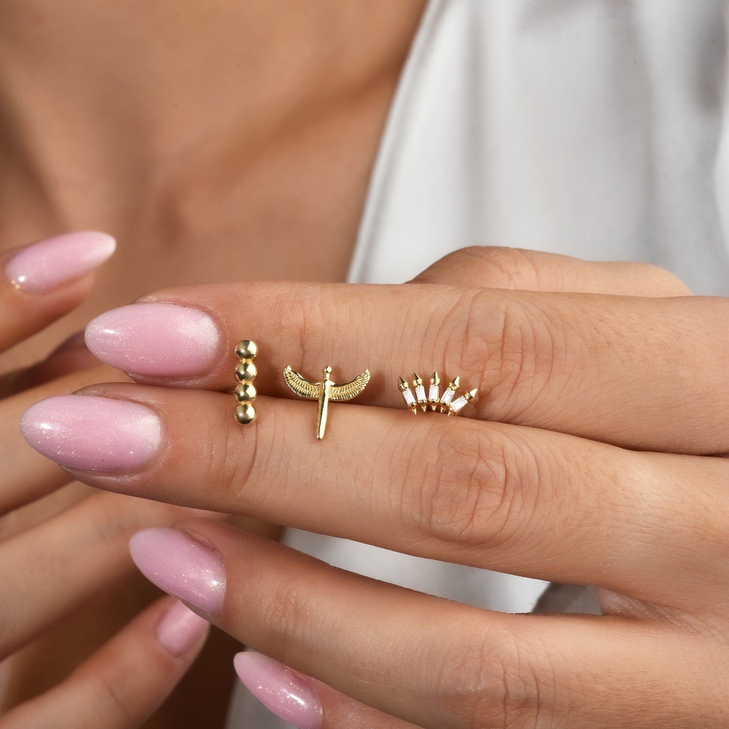 Gold Bead Linear Flatback Ear Piercing 14K Gold