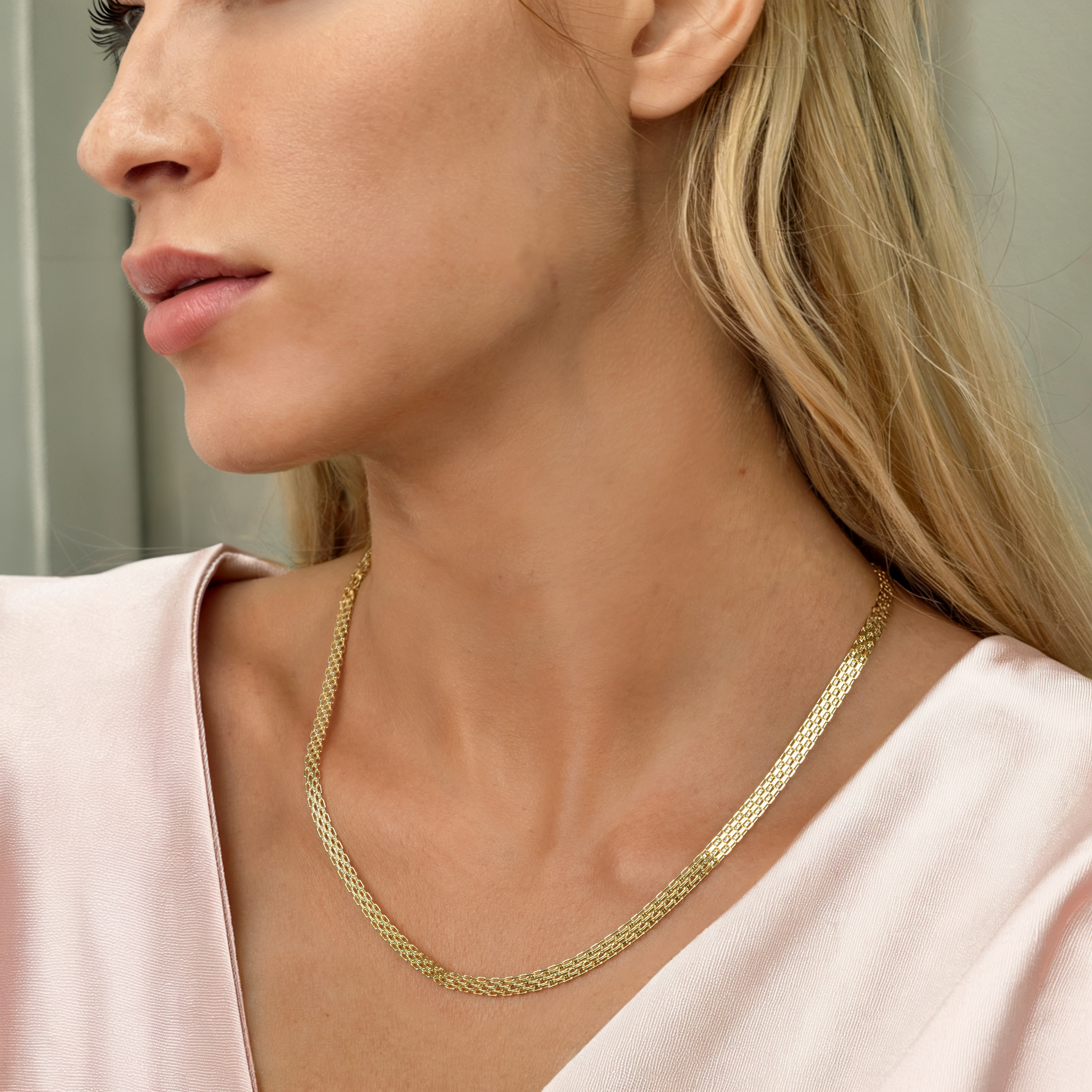 Wicker Braid Triple Chain Necklace 14K Gold