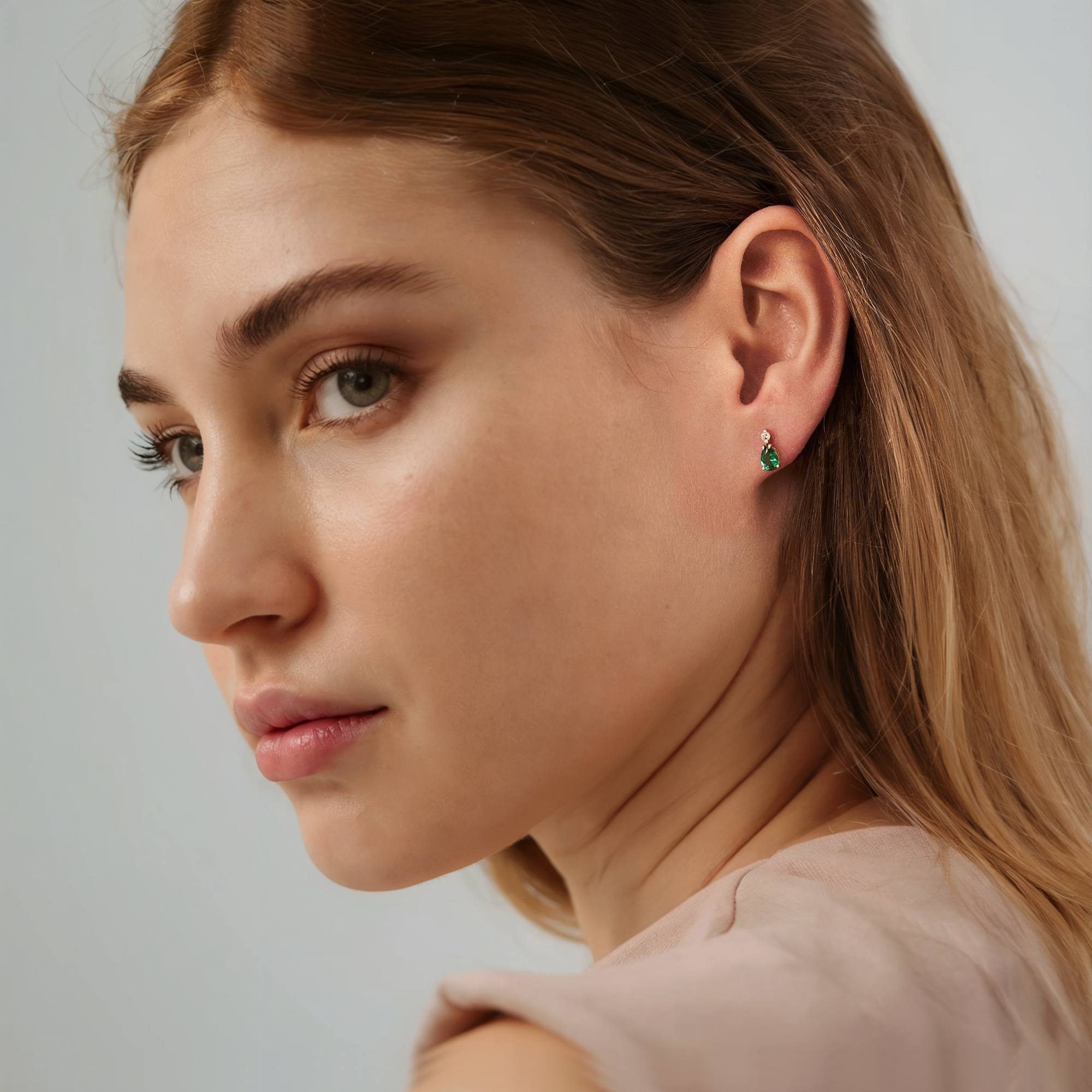 Green Drop Stone Diamond Earrings 14K Gold