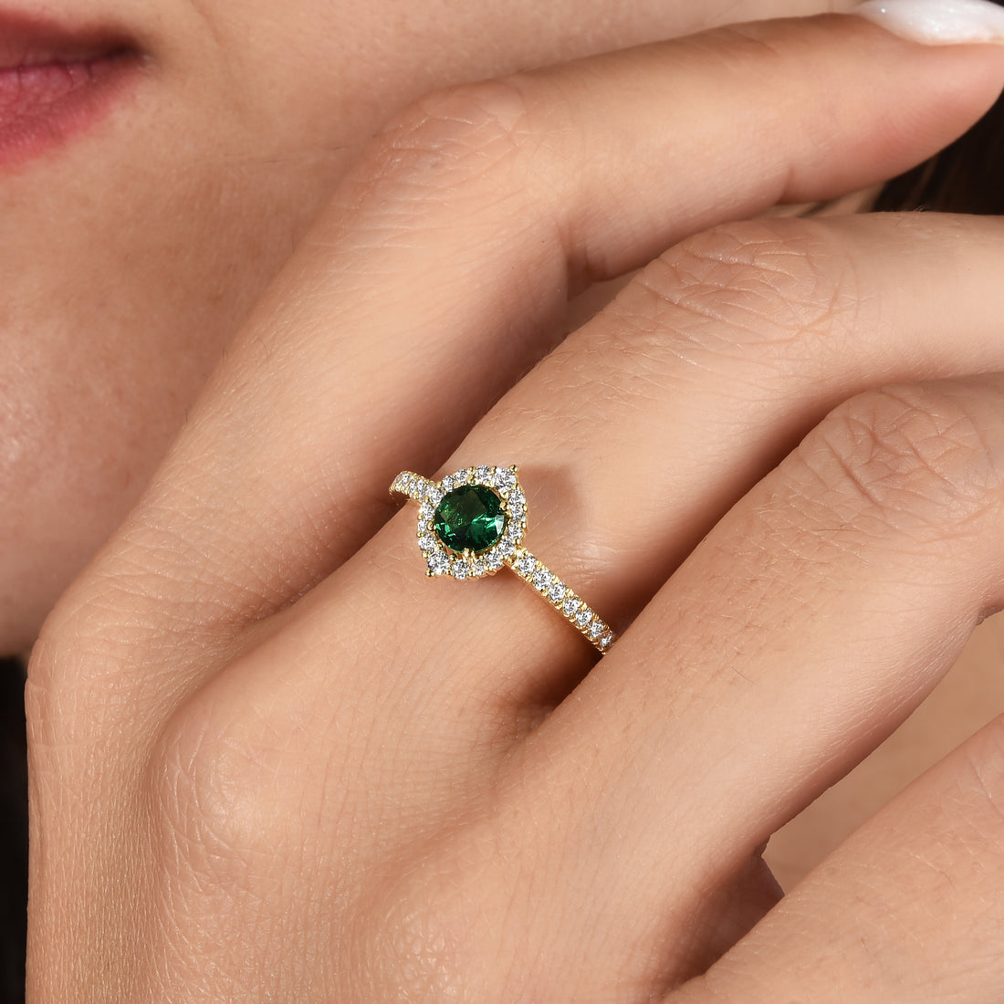 Green Halo Oval Diamond Ring 14K Gold