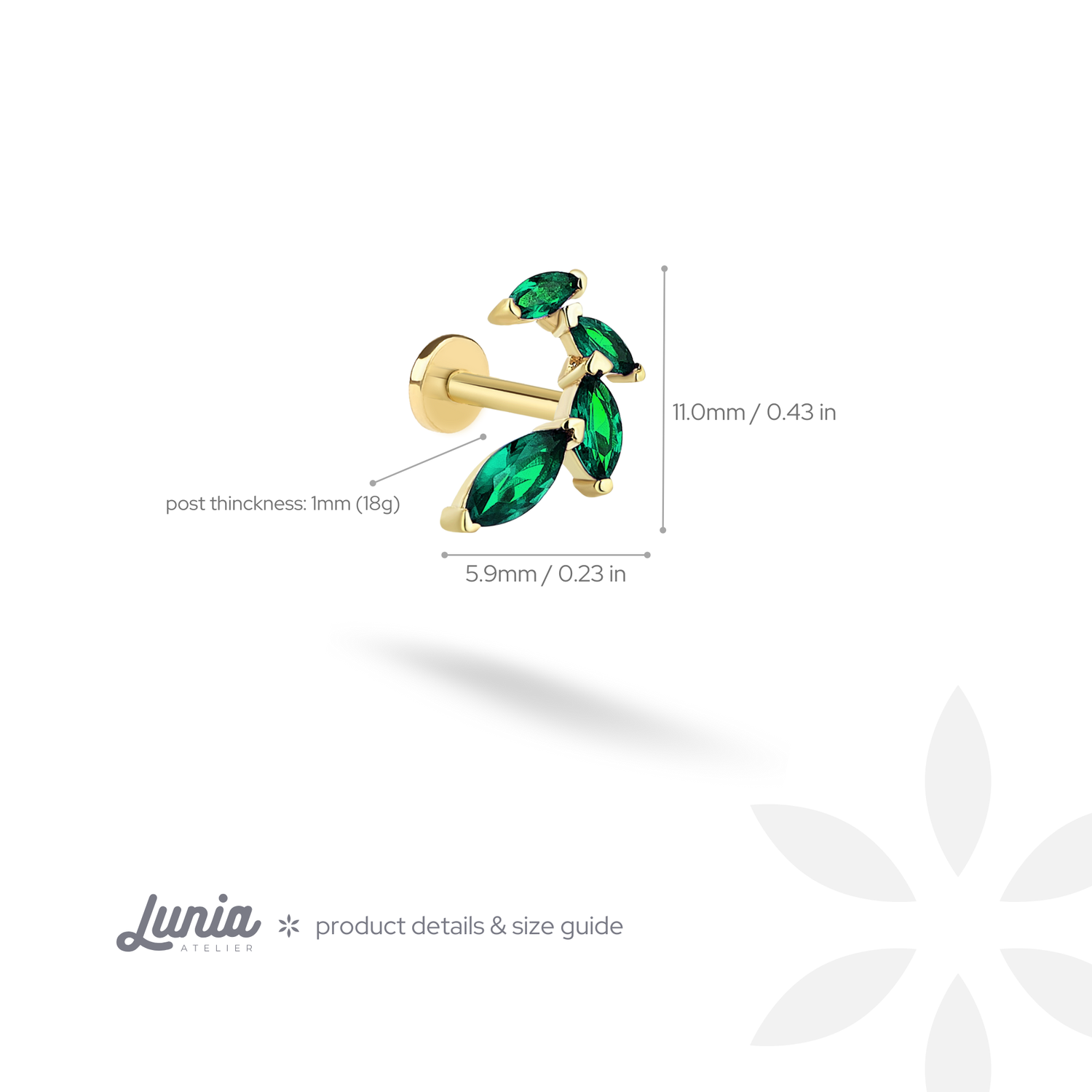 Green Marquise Flatback Ear Piercing 14K Gold with CZ Stone