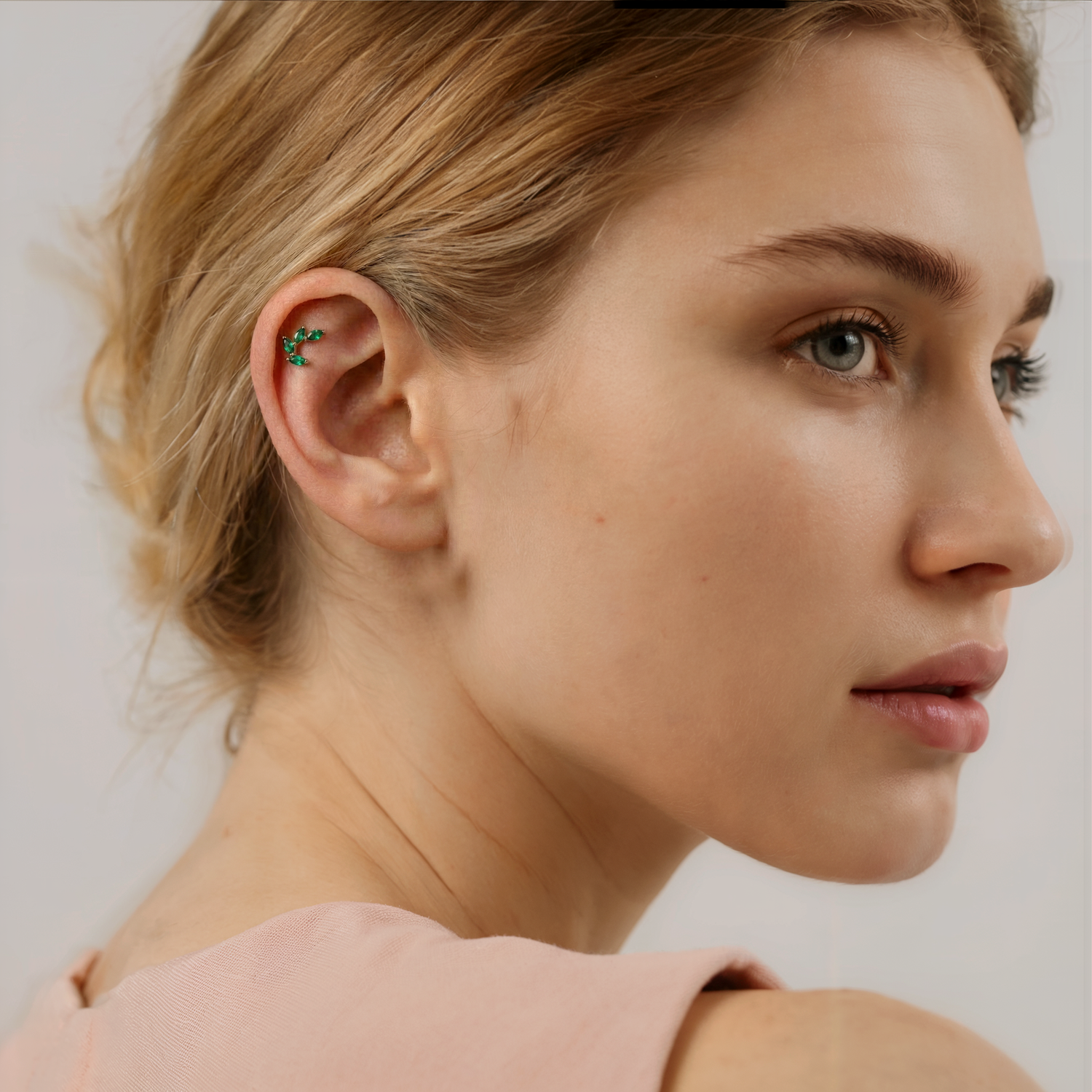 Green Marquise Flatback Ear Piercing 14K Gold with CZ Stone