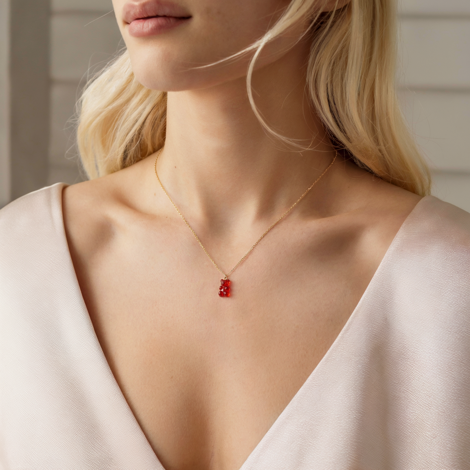 Hand crafted Gummy Bear Red Color Candy Necklace featuring red candy pendant and haribo gummy bear style charm