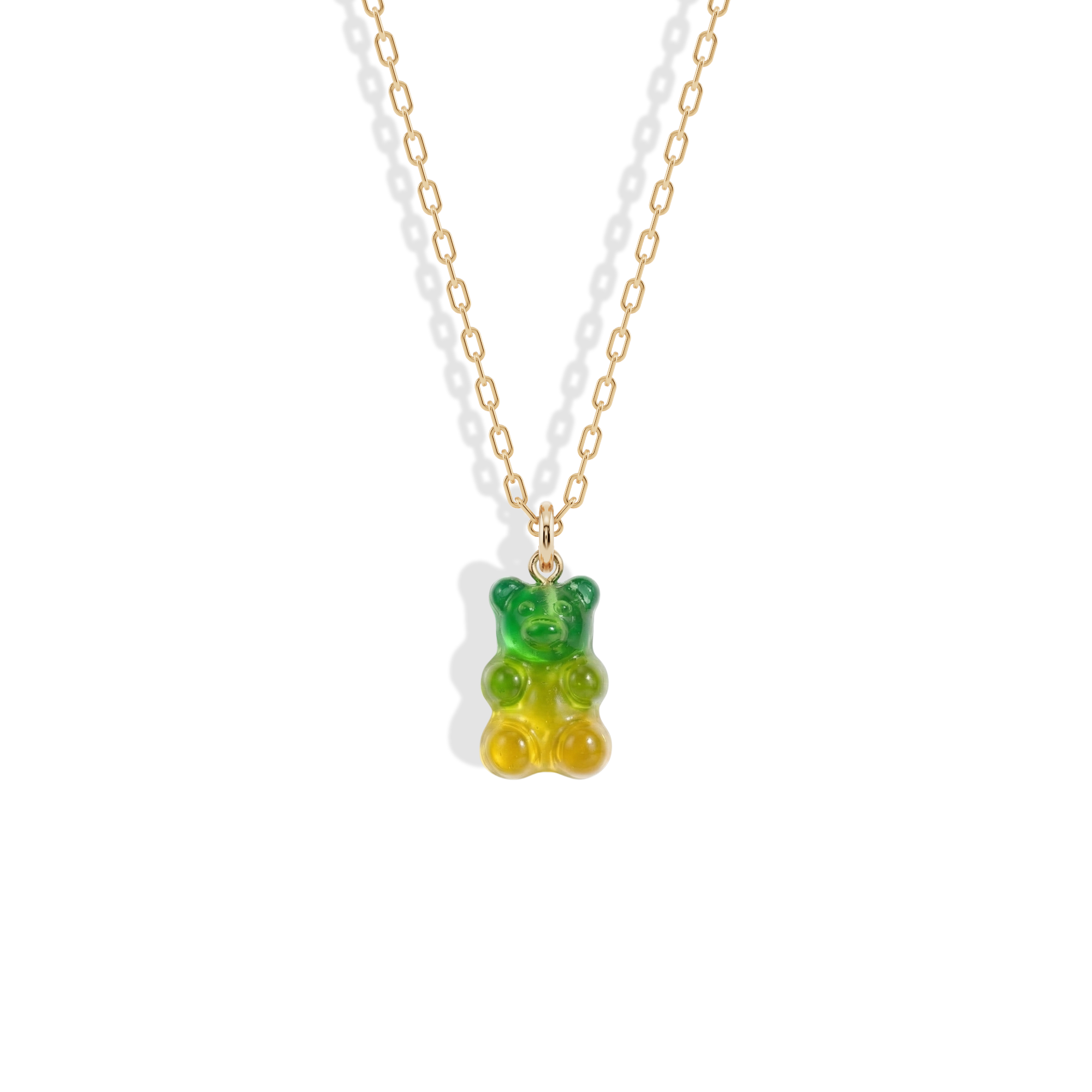 Cute Rainbow Bear Necklace with yellow-green resin gummy bear charm. Playful Friendship Necklace in 14K Gold or Silver with adorable candy inspired pendant.
