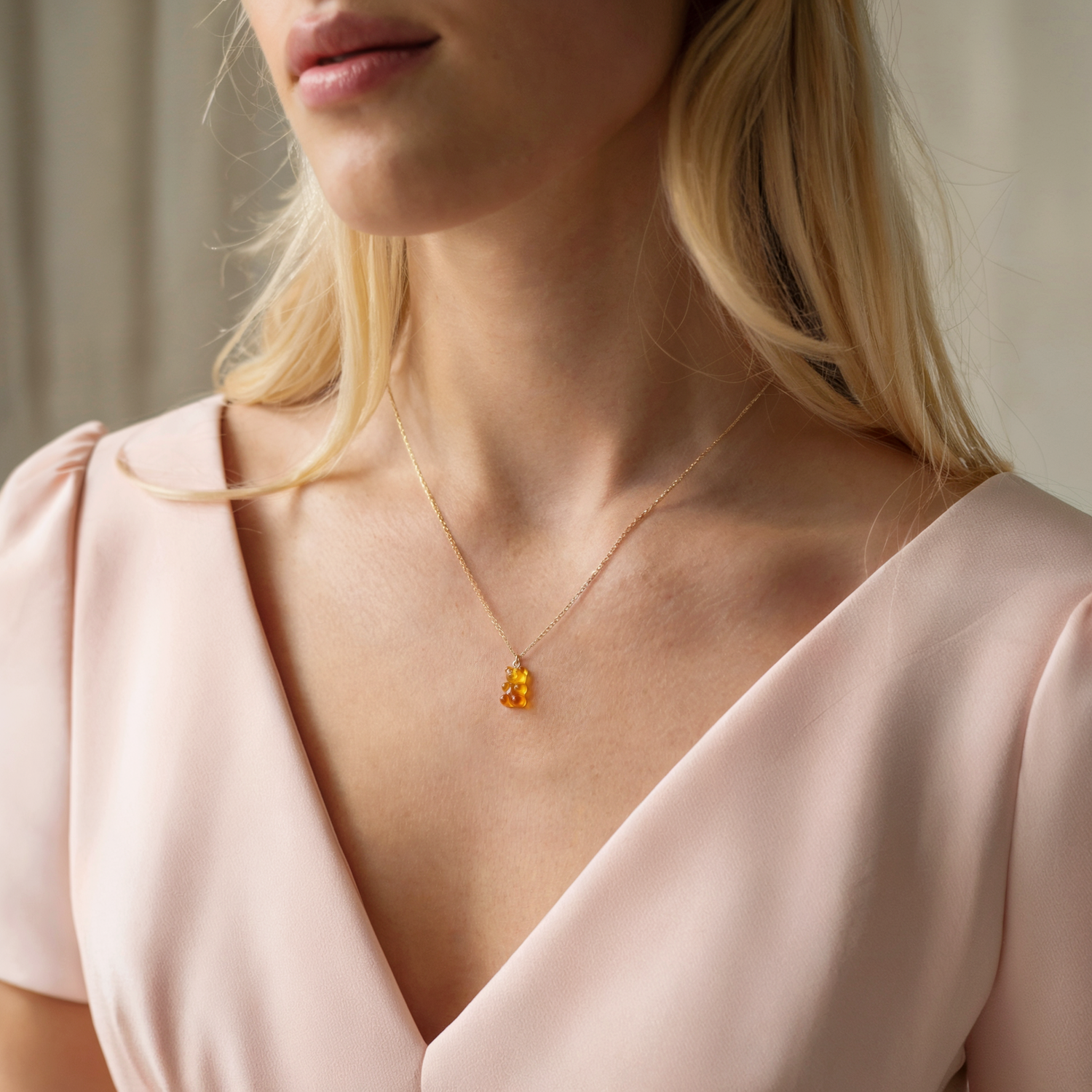 Rainbow Bear Necklace friendship necklace featuring haribo gummy bear style resin gummy bear in yellow and orange colors