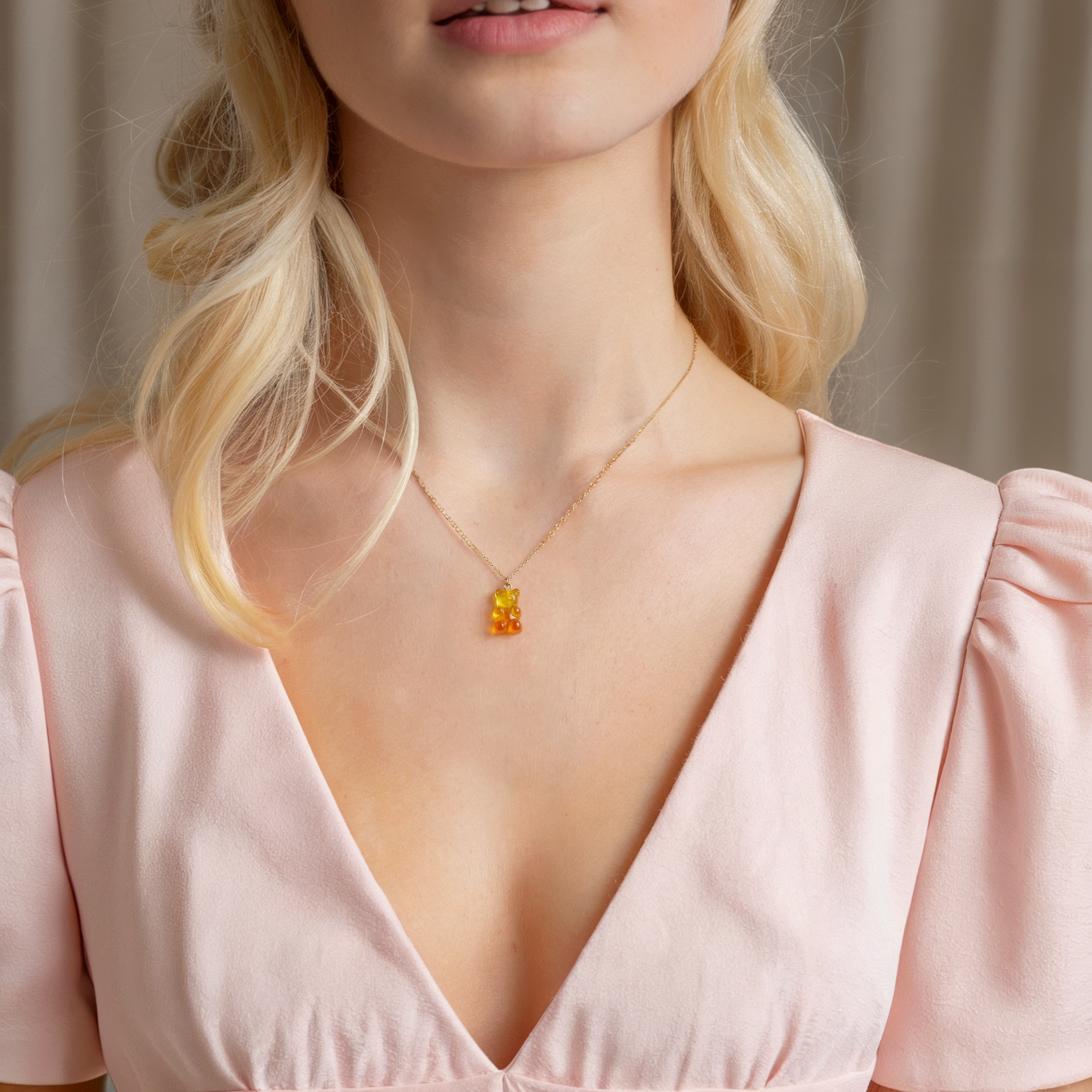 Hand crafted gummy bear charm necklace made in Istanbul with cute bear pendant in 14K gold and silver finish