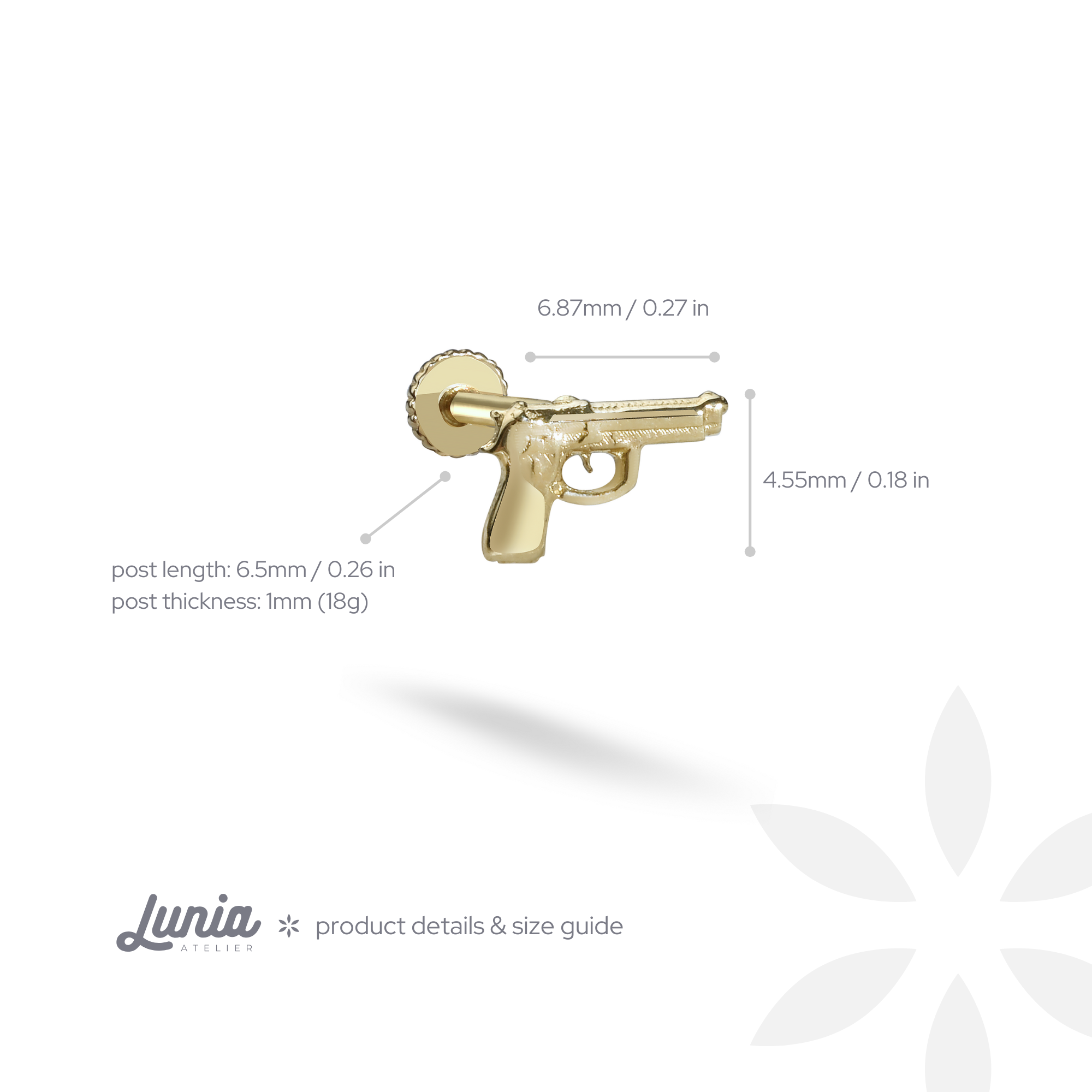 Gun Flatback Ear Piercing 14K Gold