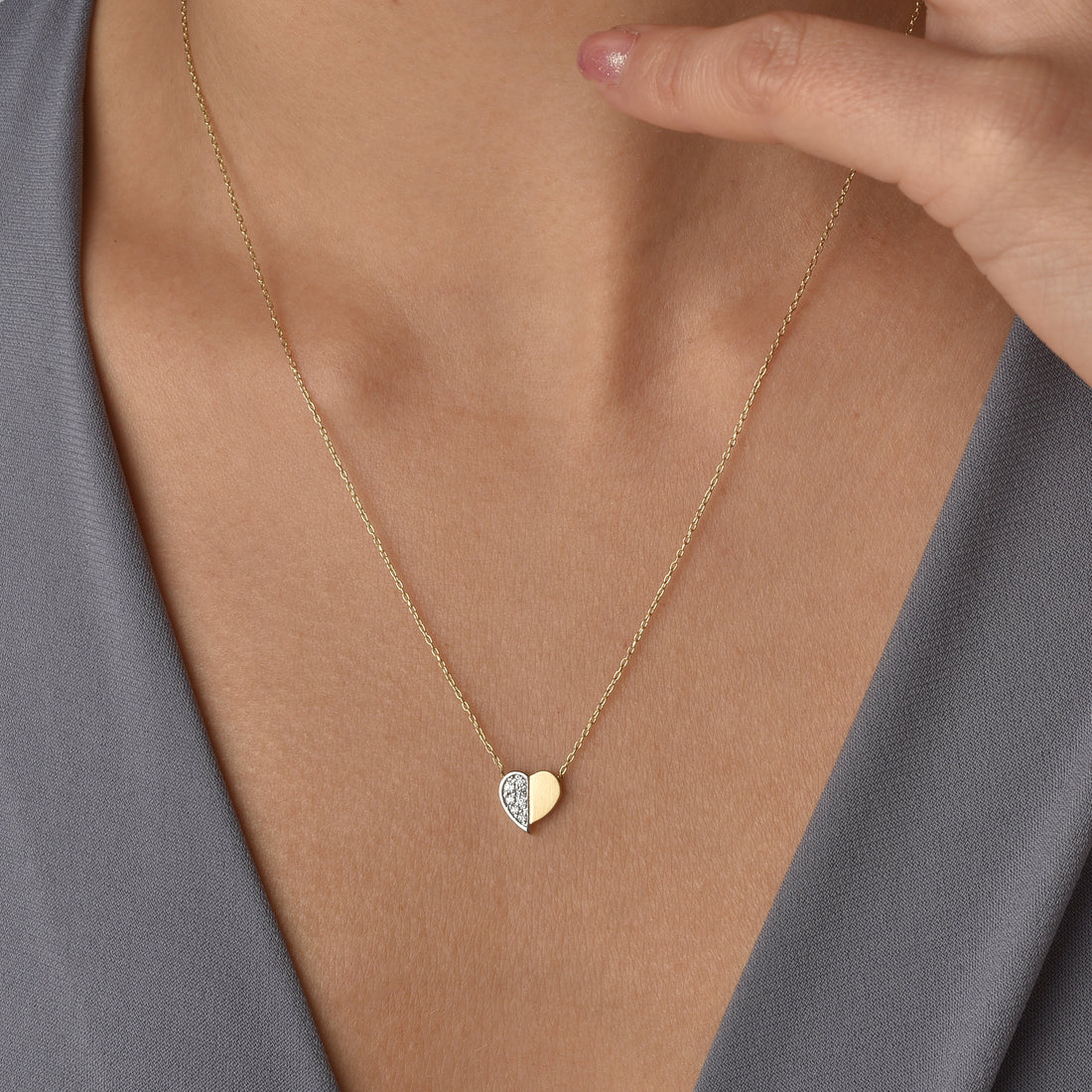 Half Stone Heart Necklace Silver minimalist heart jewelry design with subtle stone accent and elegant finish