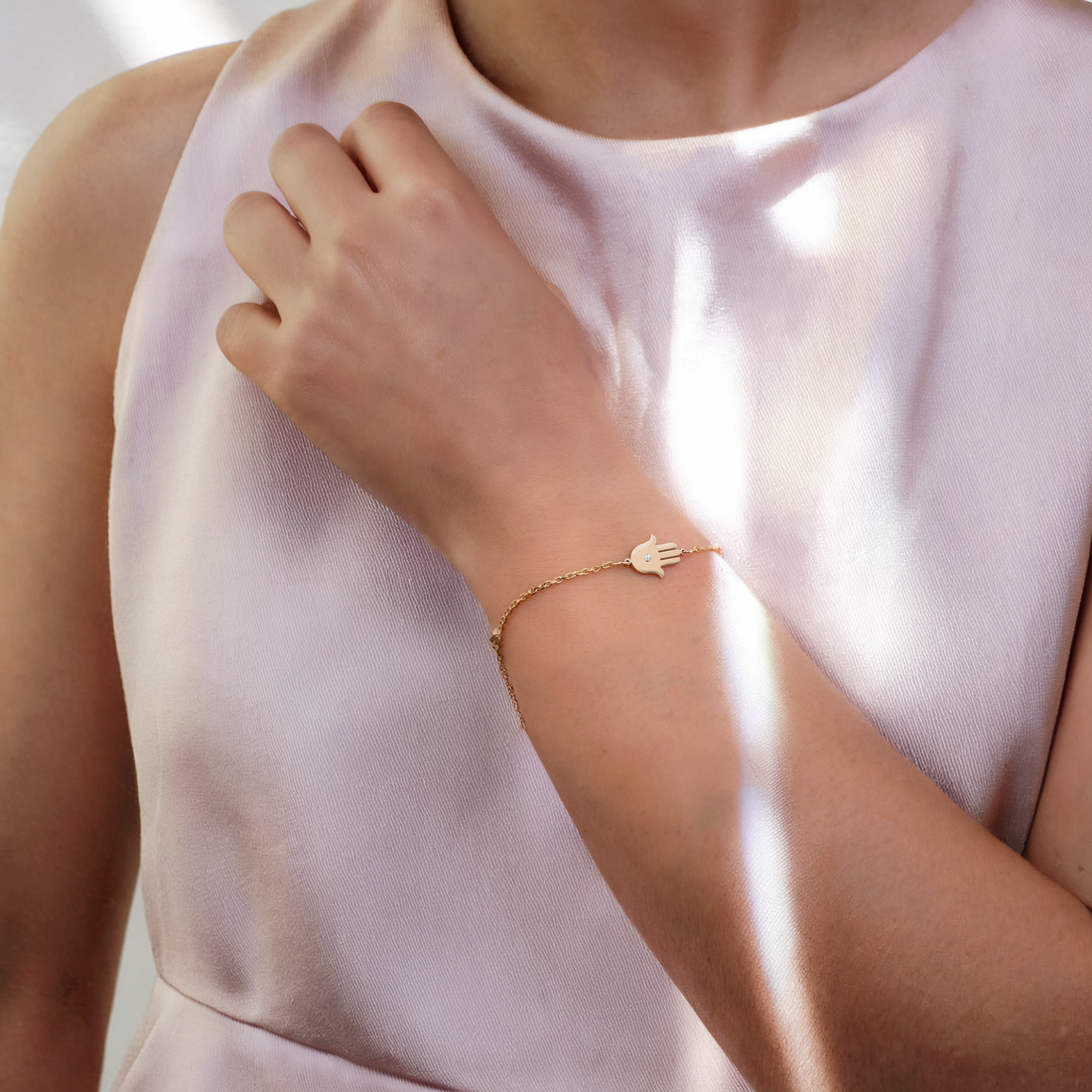 Hamsa Fatima Hand Bracelet CZ 14K Gold