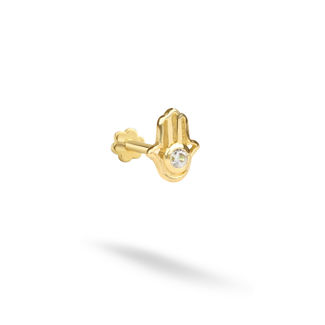 Hamsa Hand Flatback Ear Piercing 14K Gold with CZ Stone