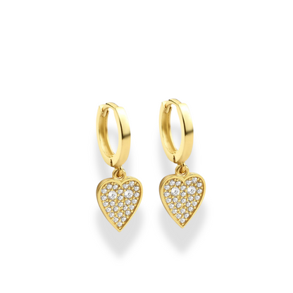 Heart Dangle Diamond Hoops Earrings 14K Gold