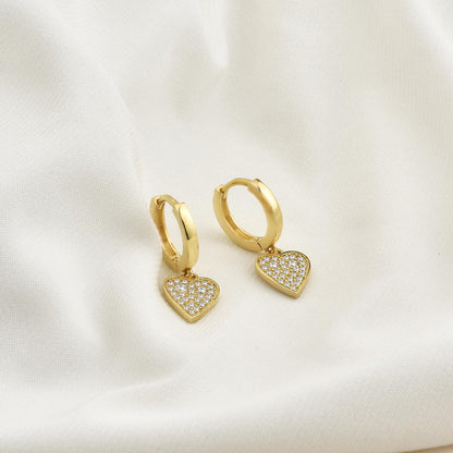 Heart Dangle Diamond Hoops Earrings 14K Gold