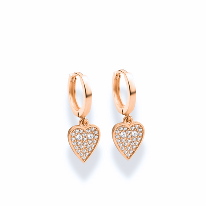 Heart Dangle Diamond Hoops Earrings 14K Gold
