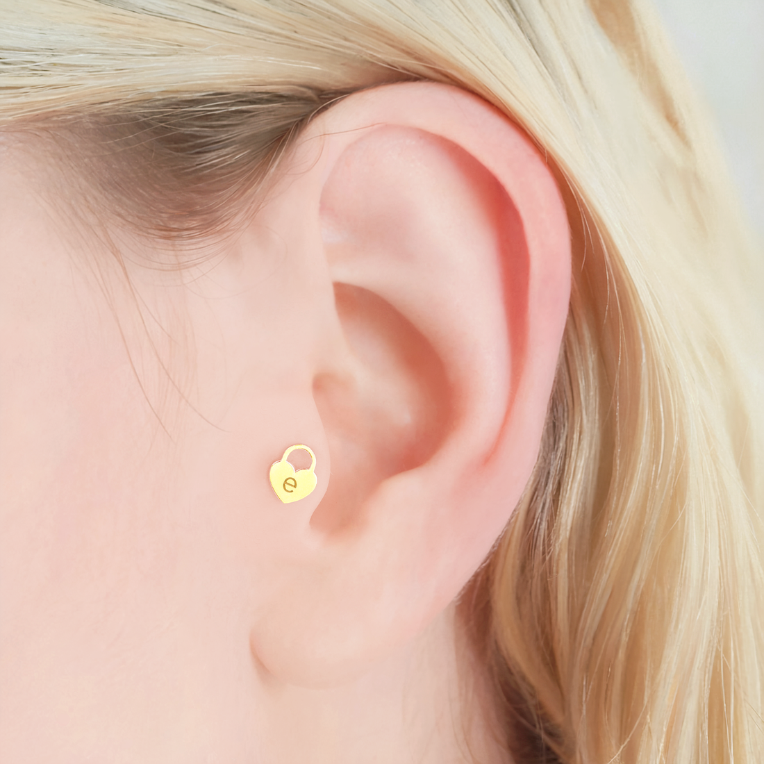 Heart Lock Initial Flatback Ear Piercing in 14K Gold