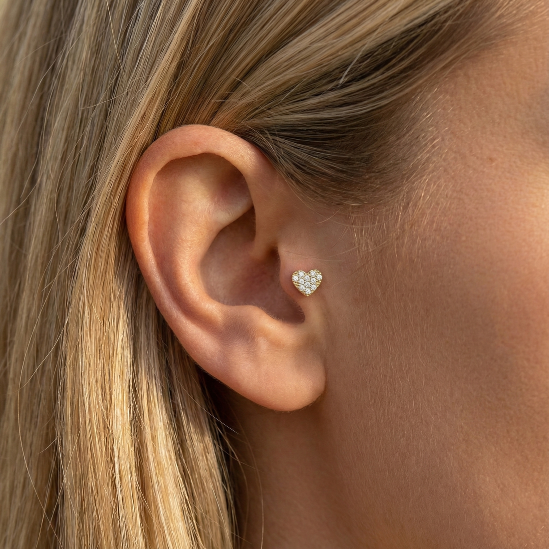 Heart Love Diamond Flatback Ear Piercing in 14K Gold with CZ Stone