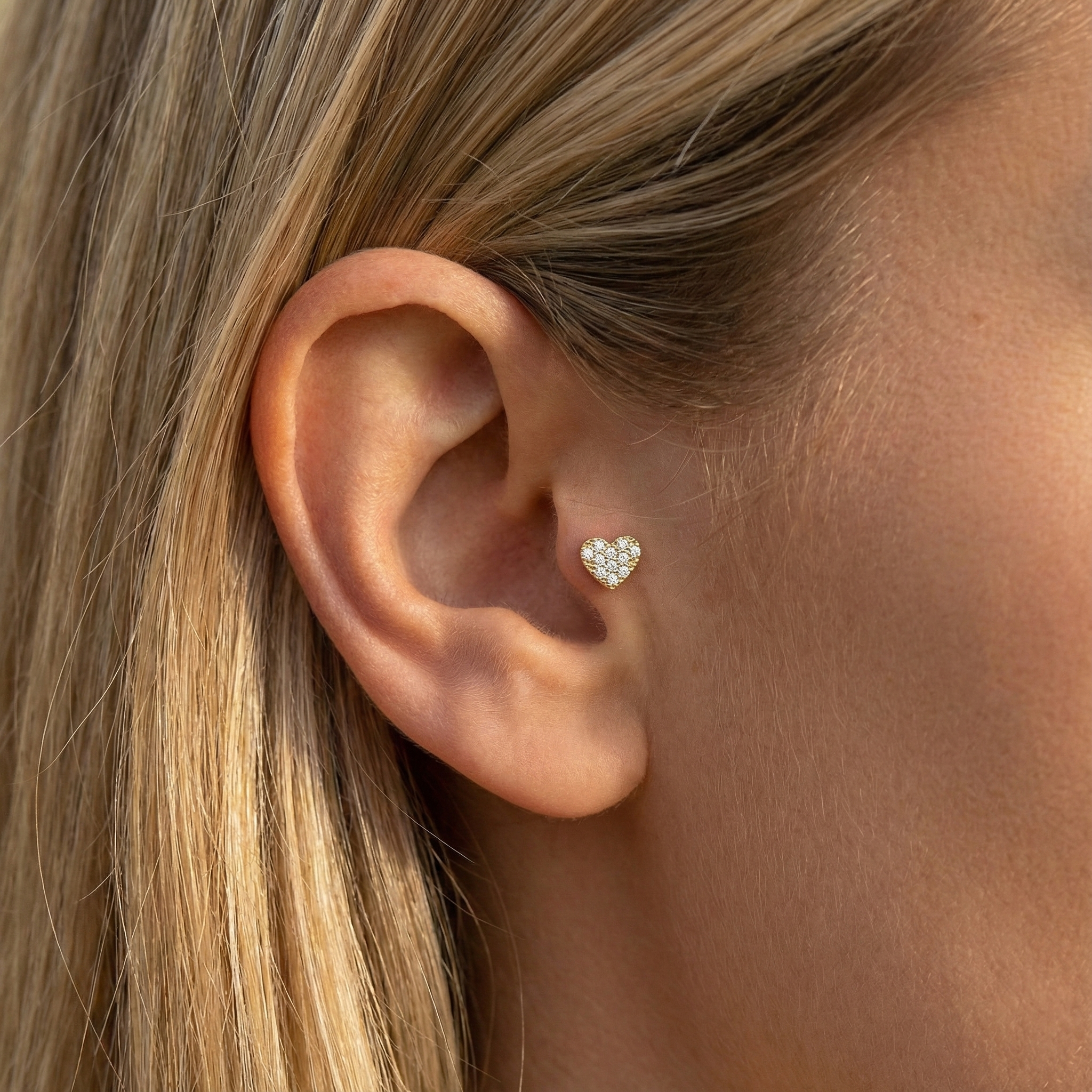 Heart Love Diamond Flatback Ear Piercing in 14K Gold with CZ Stone